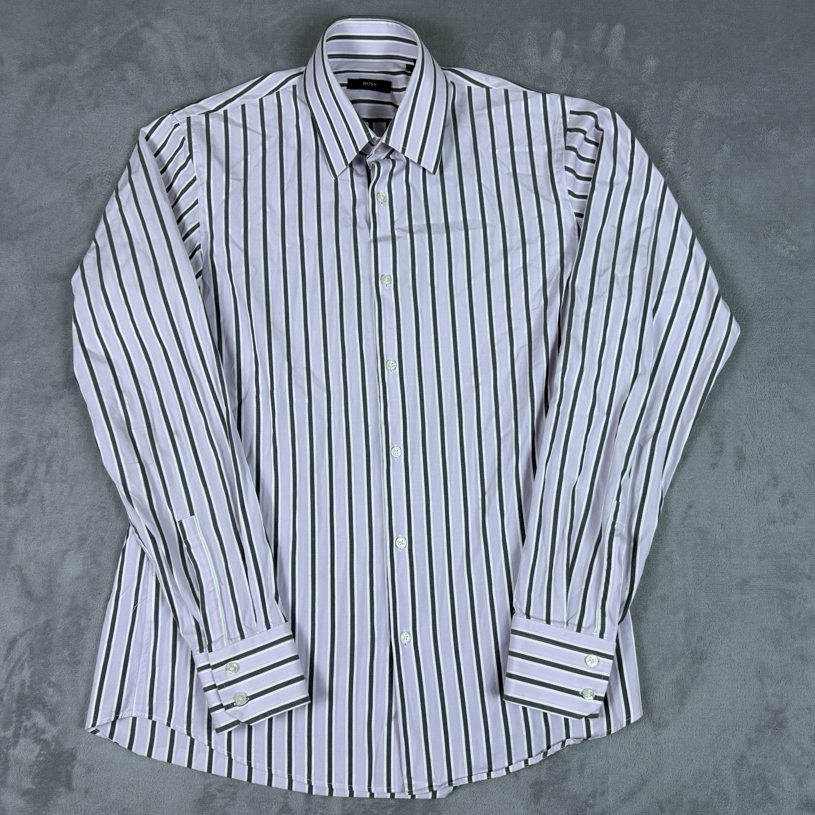 BOSS Hugo Boss Mens 15.5 34/35 Purple Striped Cotton Regular Fit Dress Shirt