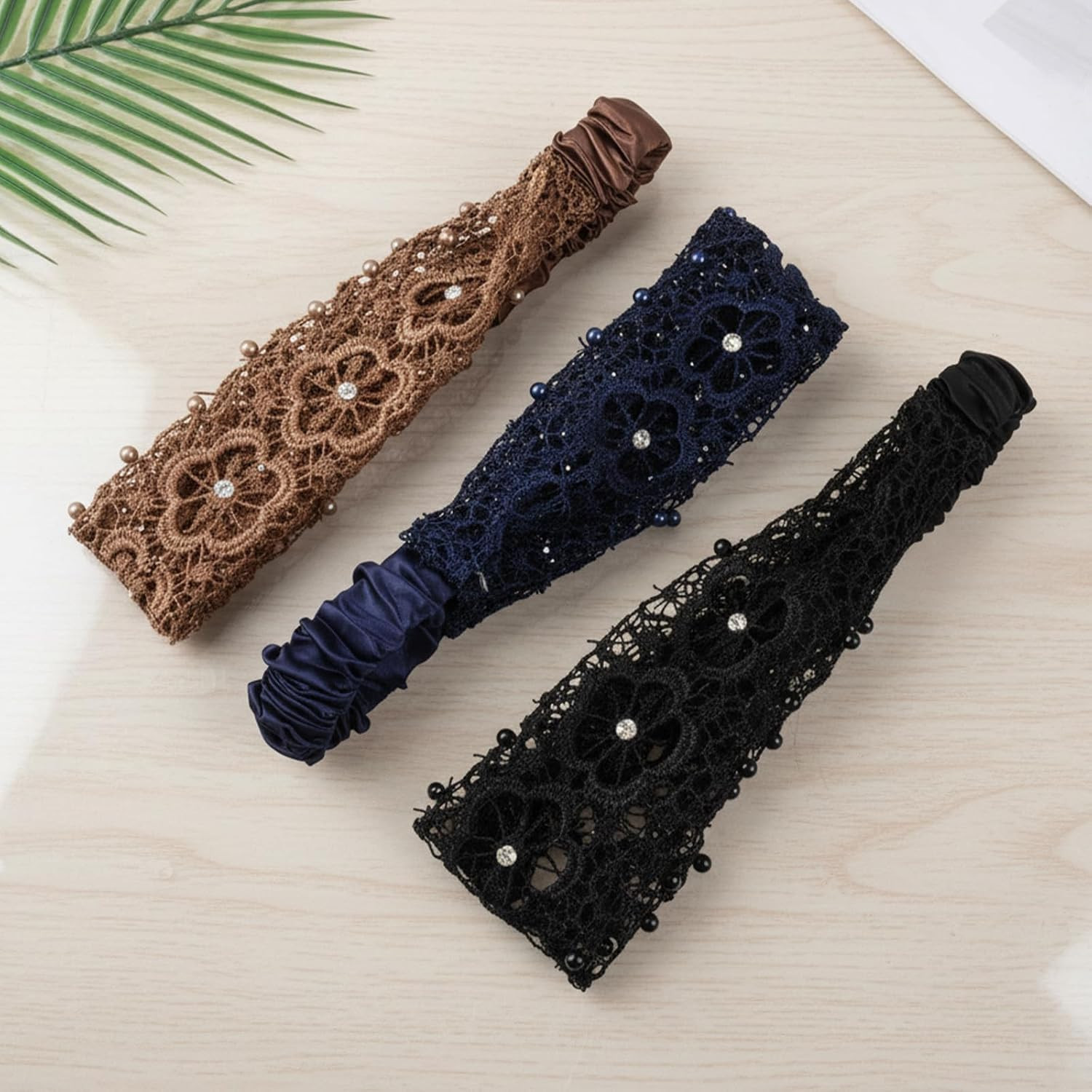 3 Pack Wide Lace Headband for Women Wide Floral Pearl Lace Head Wrap Boho Style