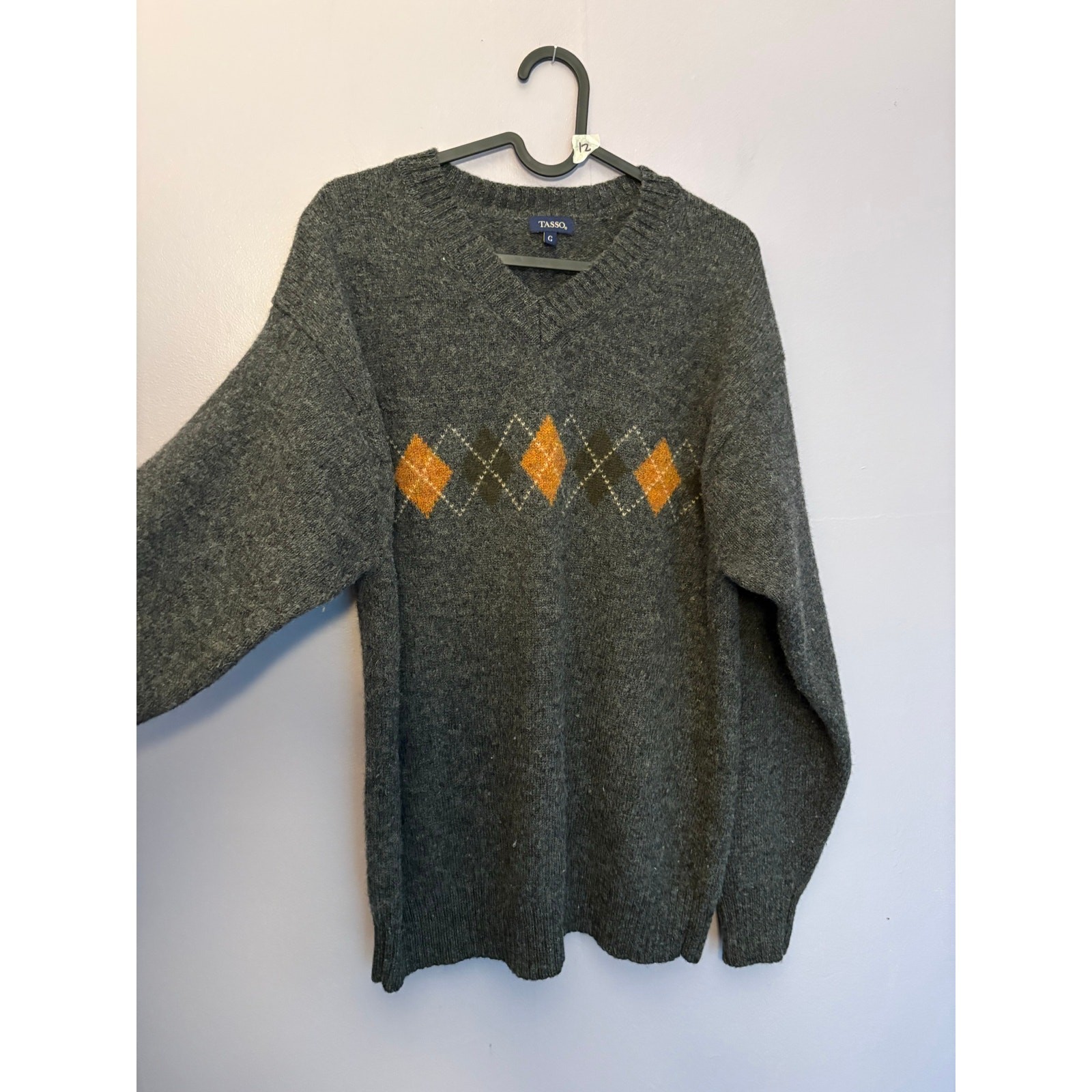 Vintage Tasso 100% Wool Argyle Sweater European Large Charcoal Grey Orange