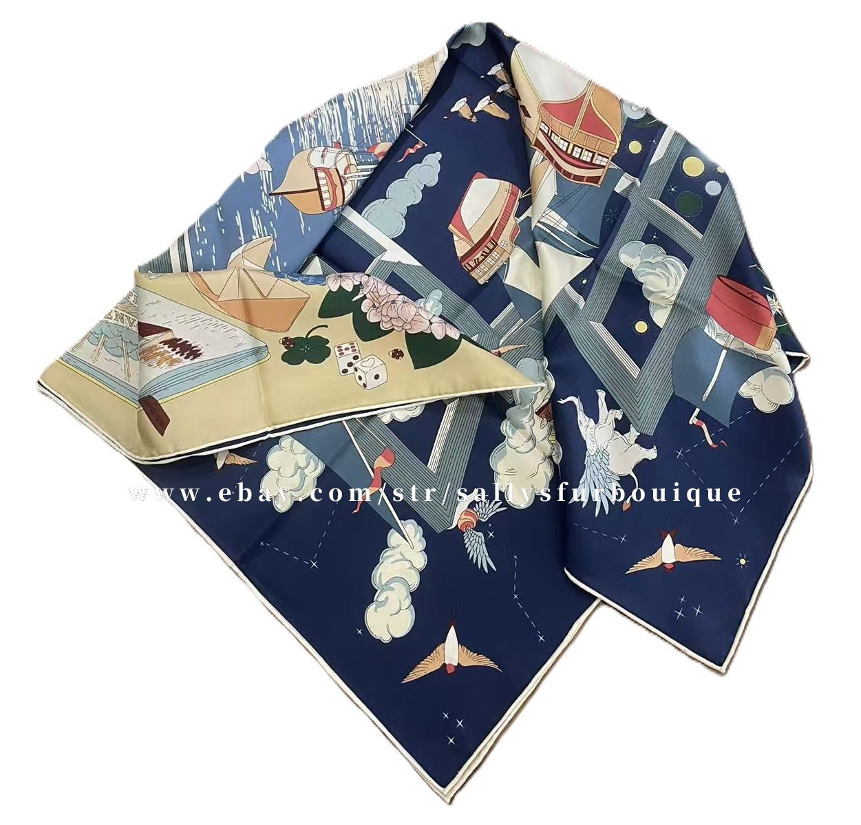 2026 Sallys Boutique 18 Momme Heavy Twill Silk Wrap Scarf Boats Print Shawl 35″