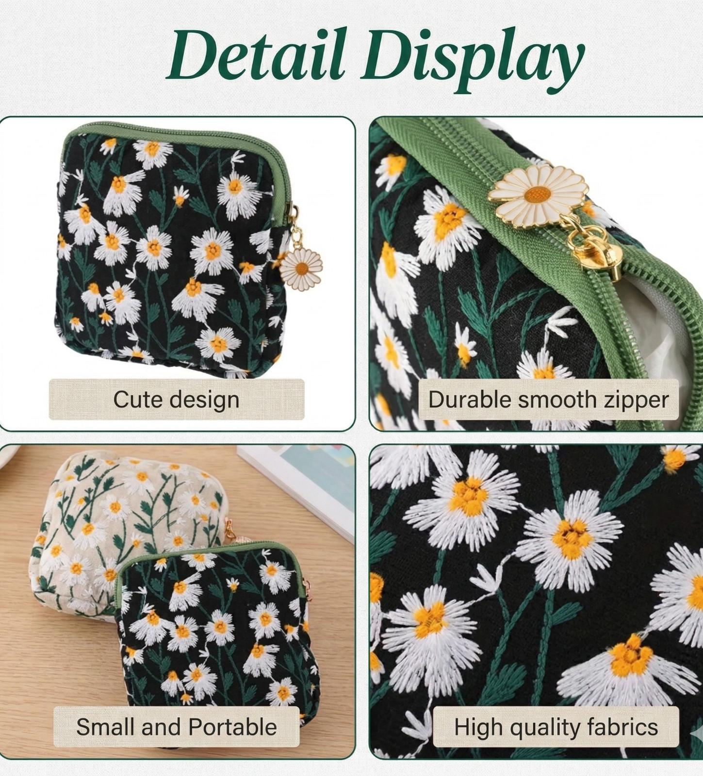 Daisy Embroidered Small Makeup Bag Floral Zipper Travel Pouch