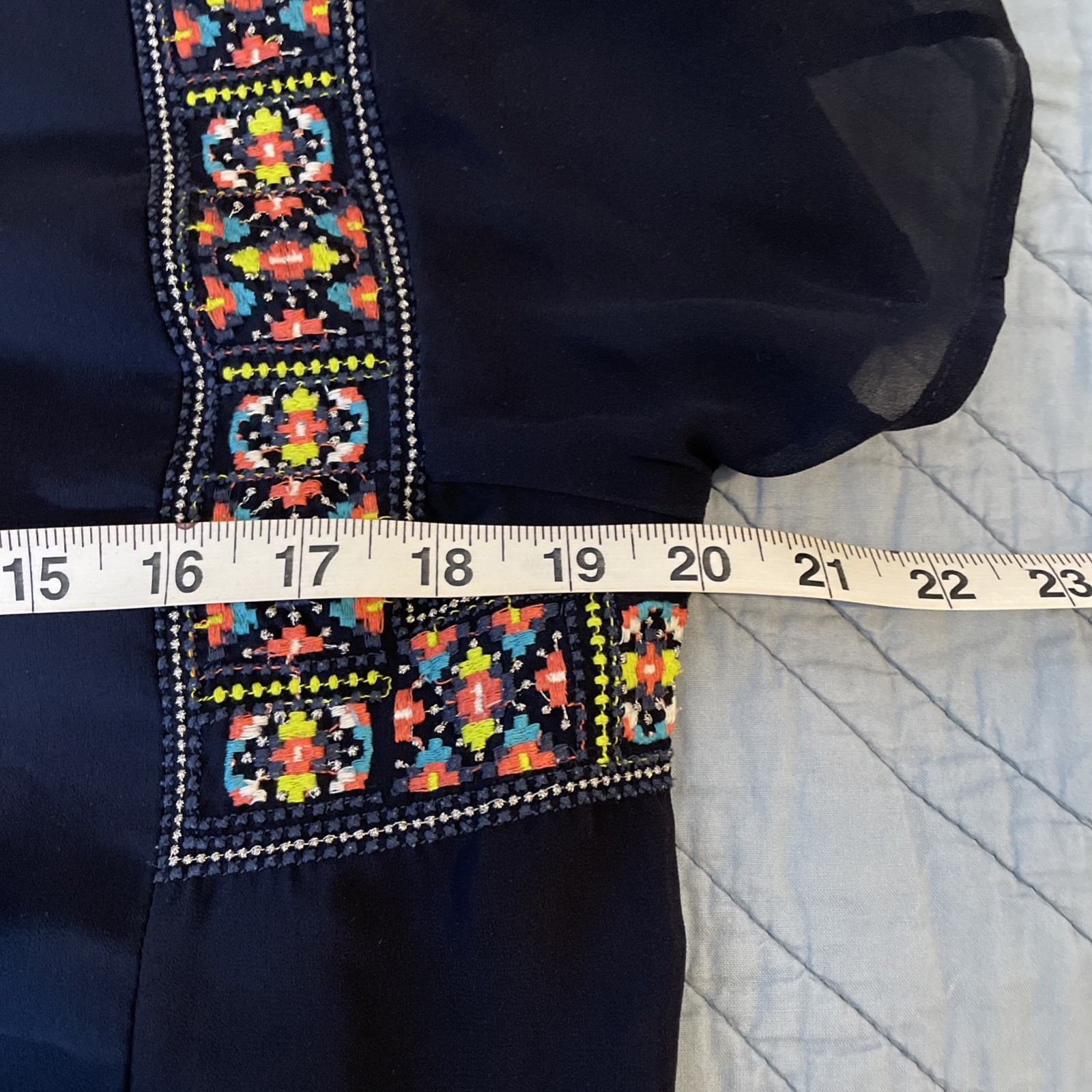 VTG American Eagle Outfitters Sheer Navy Colorful Embroidered Boho Blouse Large