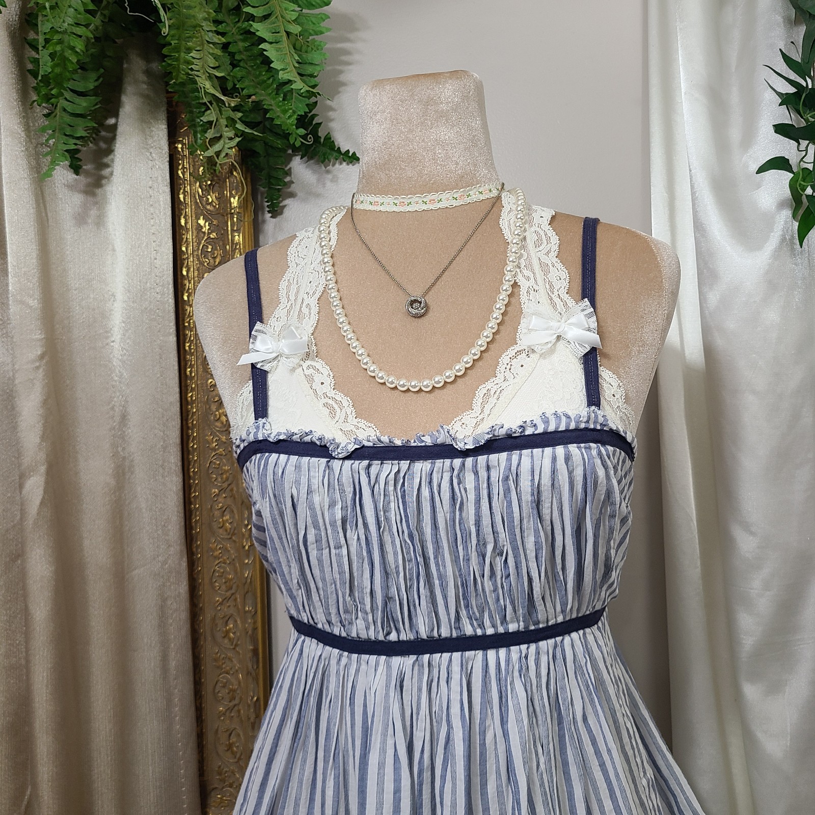 ♡ Y2K ♡ Abercrombie Blue Striped Babydoll Tie Back 100% Cotton Ruffle Tank Top