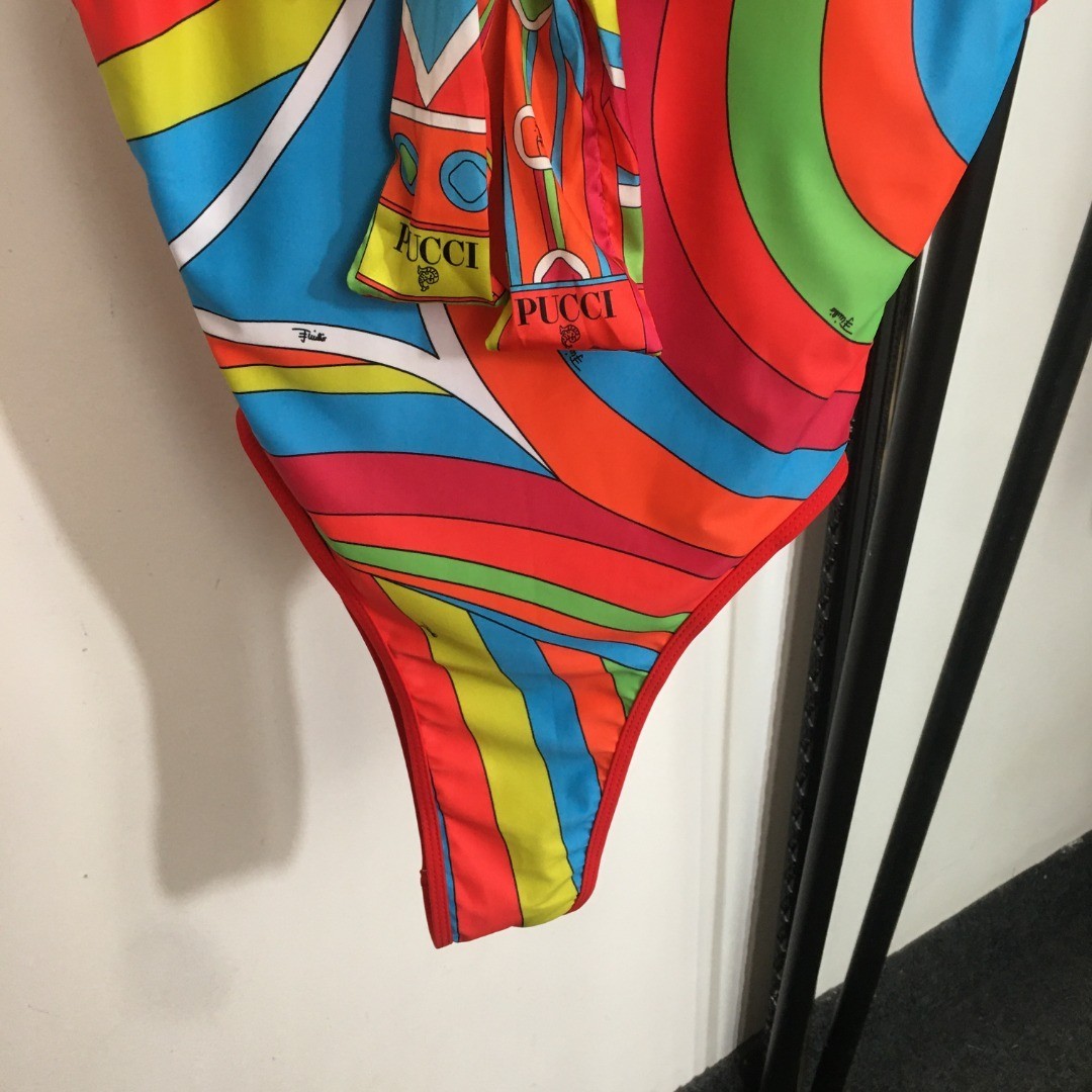PuccI’s new color-blocked abstract print one-piece swimsuit with scarf, size M