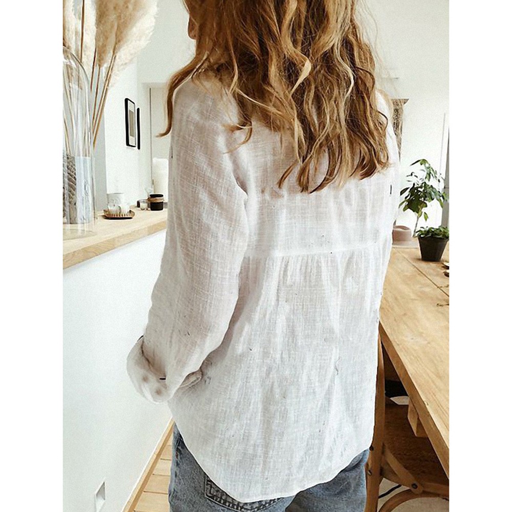 New Spring Autumn Women Solid Color Casual Loose Long Sleeved Linen Shirt Tops