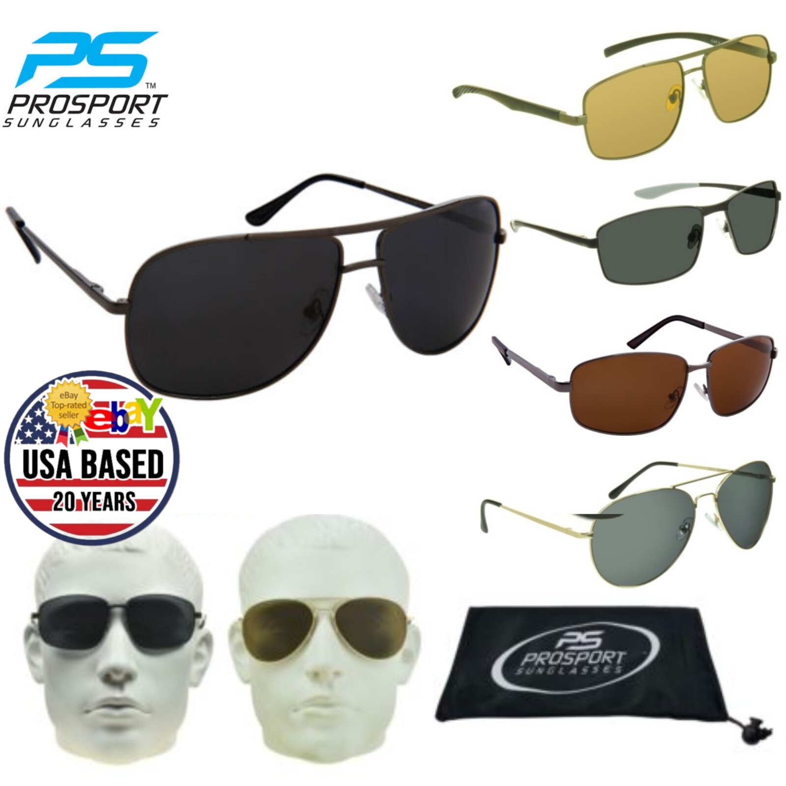 Mens Aviator Polarized Sunglass Big & Tall Large Wide Metal Frame Smoke or Brown