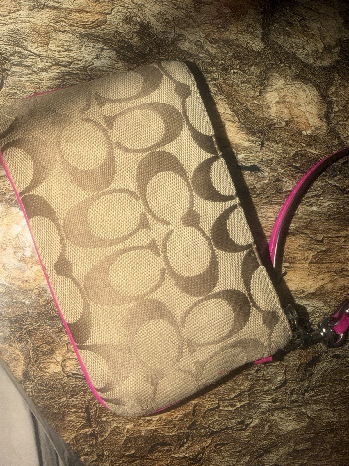Coach Signature Tan/Pink Zip Wristlet Pouch Clutch with Pink Wrist Strap