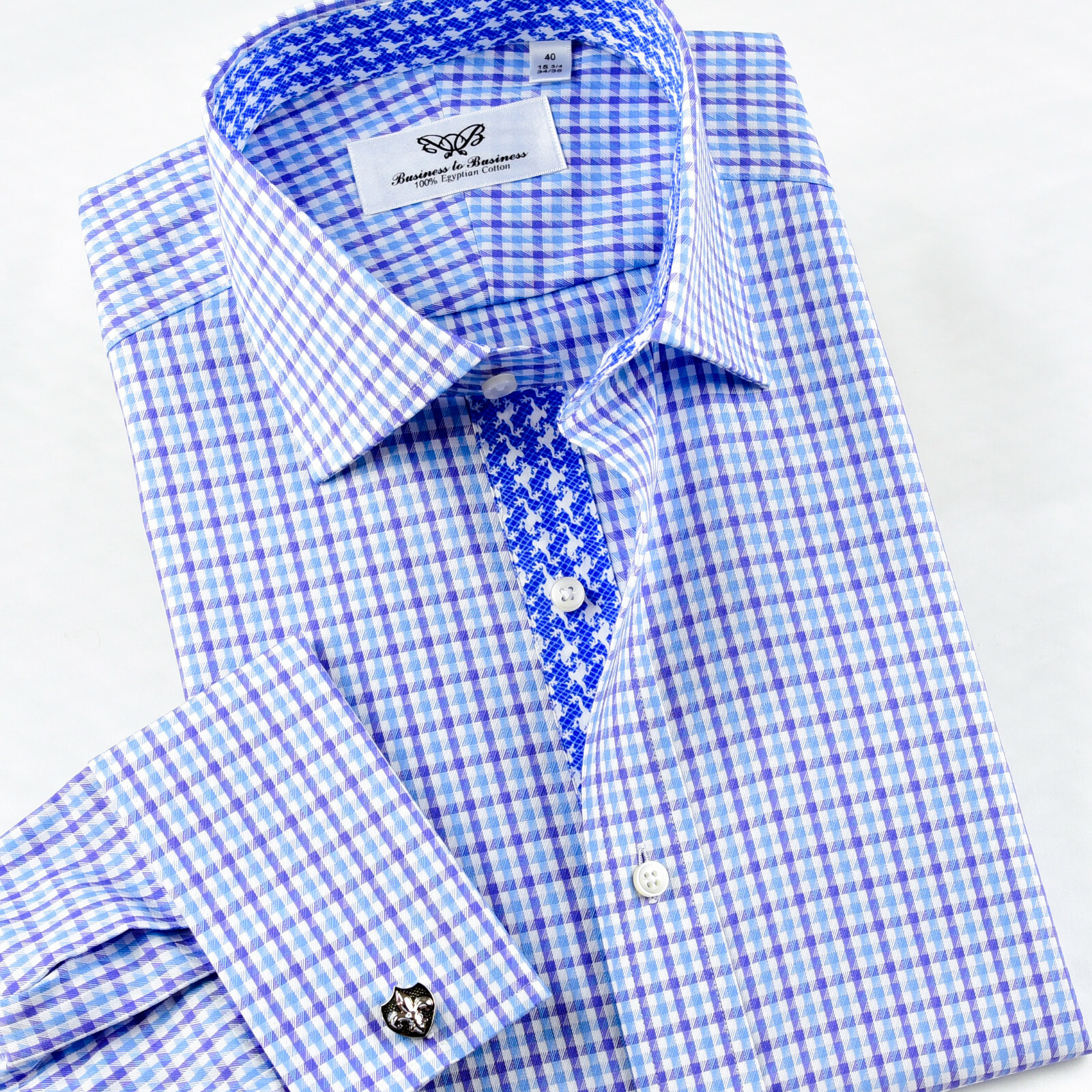Blue Check Business Dress Shirt Gingham Check Designer Formal Top Fashion Style
