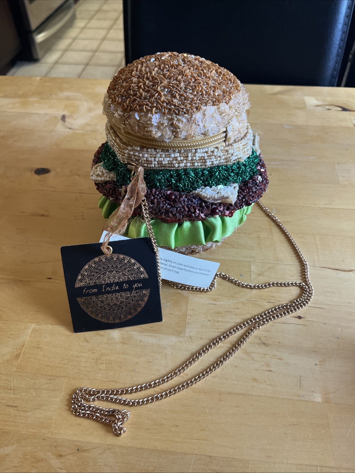 Handmade Beaded Burger Novelty Crossbody Purse Gold Chain NWT India