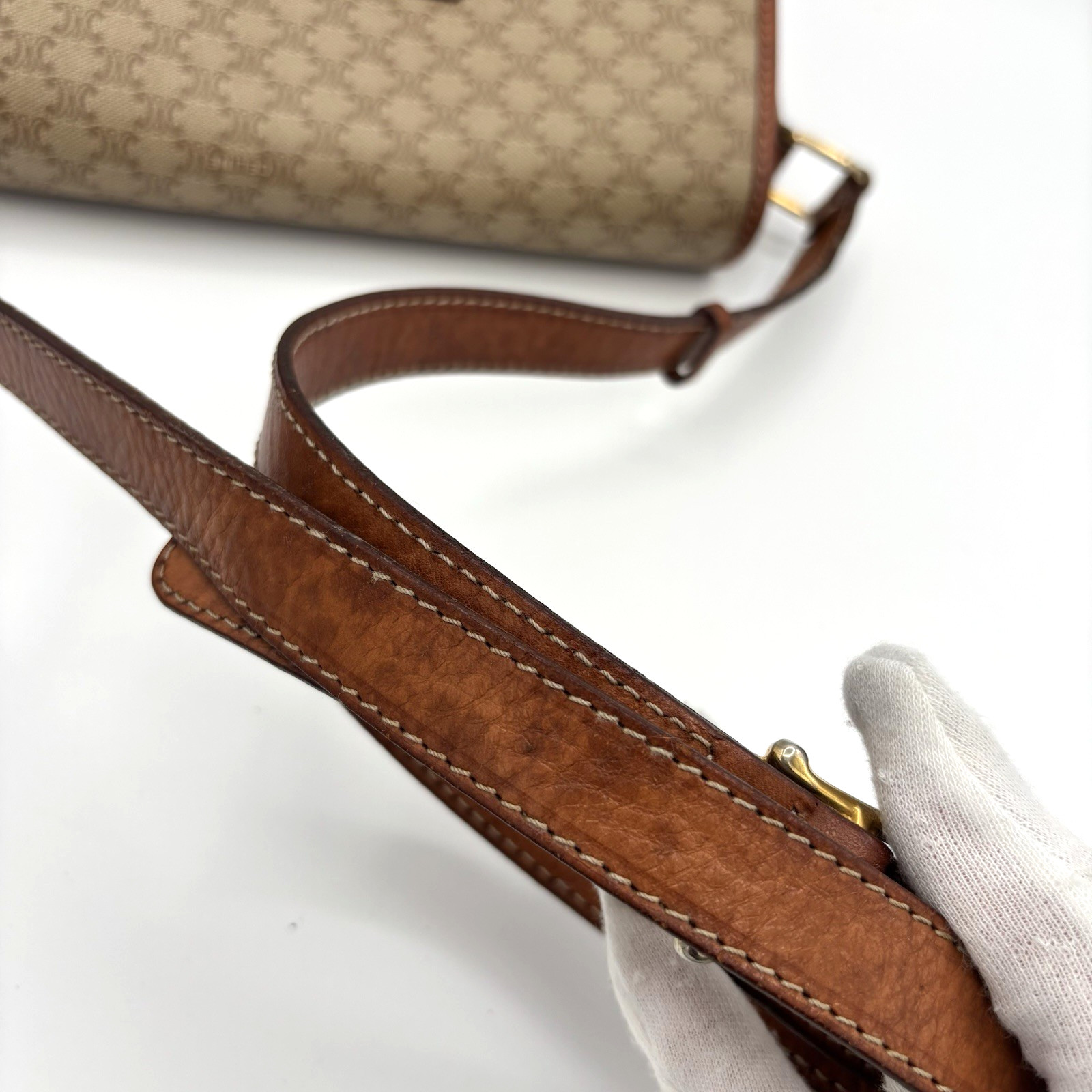 CELINE Macadam Canvas Shoulder Bag PVC Beige Gold Authentic 0046