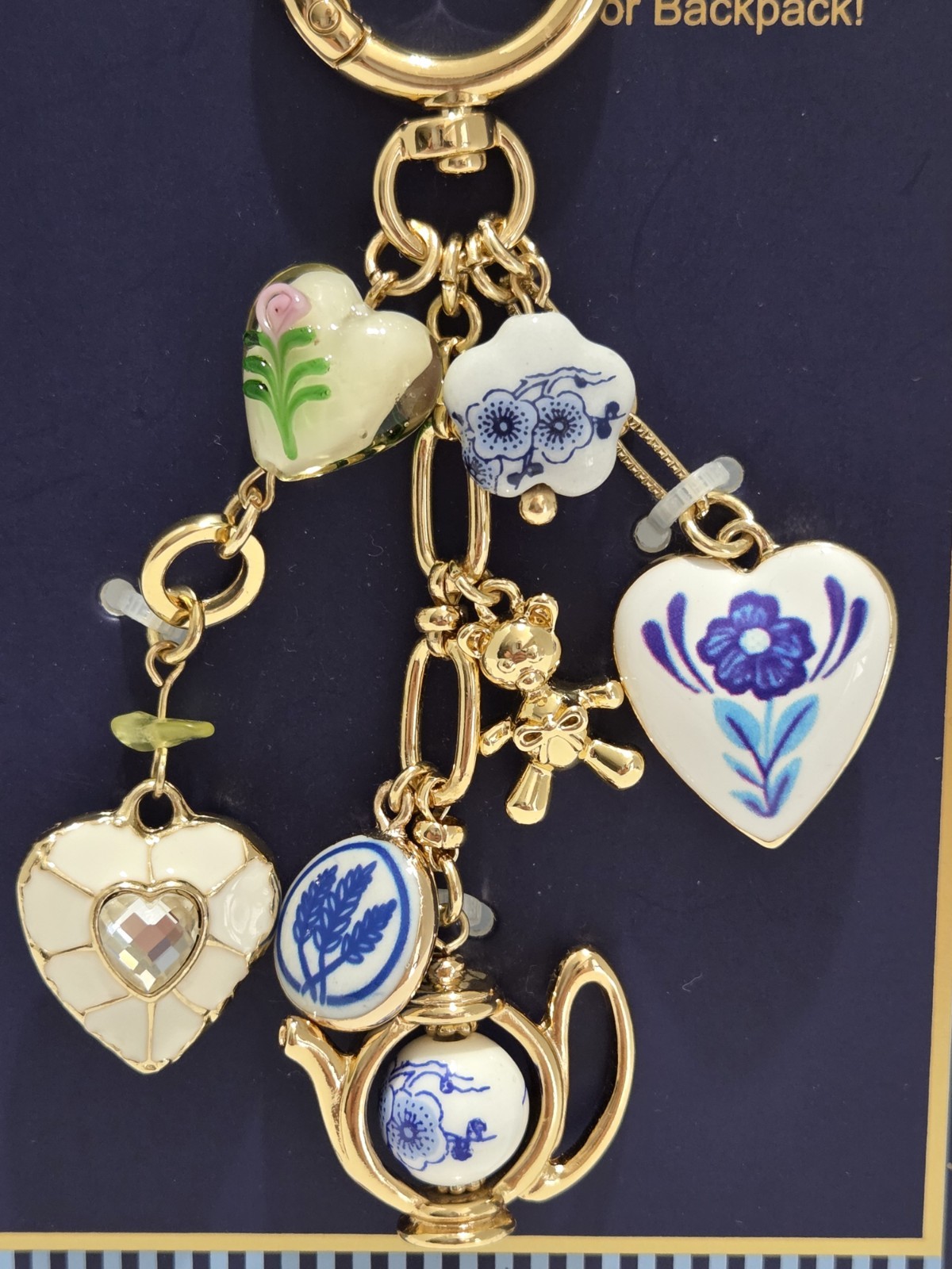 Piper K Blue & White Floral Teapot Hearts Bag Charm Keychain Valentines Day Gift