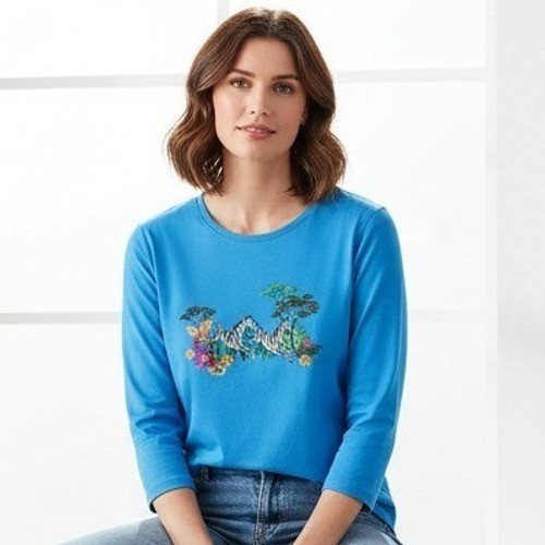 Kim Rogers Women’s M Blue 100% Cotton Knit 3/4 Zebra and Tree Graphic Top