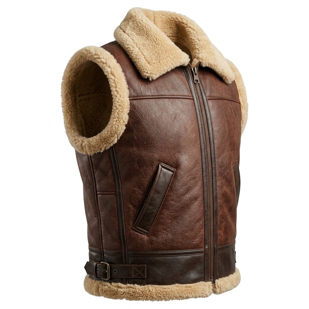 Men B3 Bomber Shearling Leather Vest Aviator Sheepskin Fur Lined Gilet Jacket