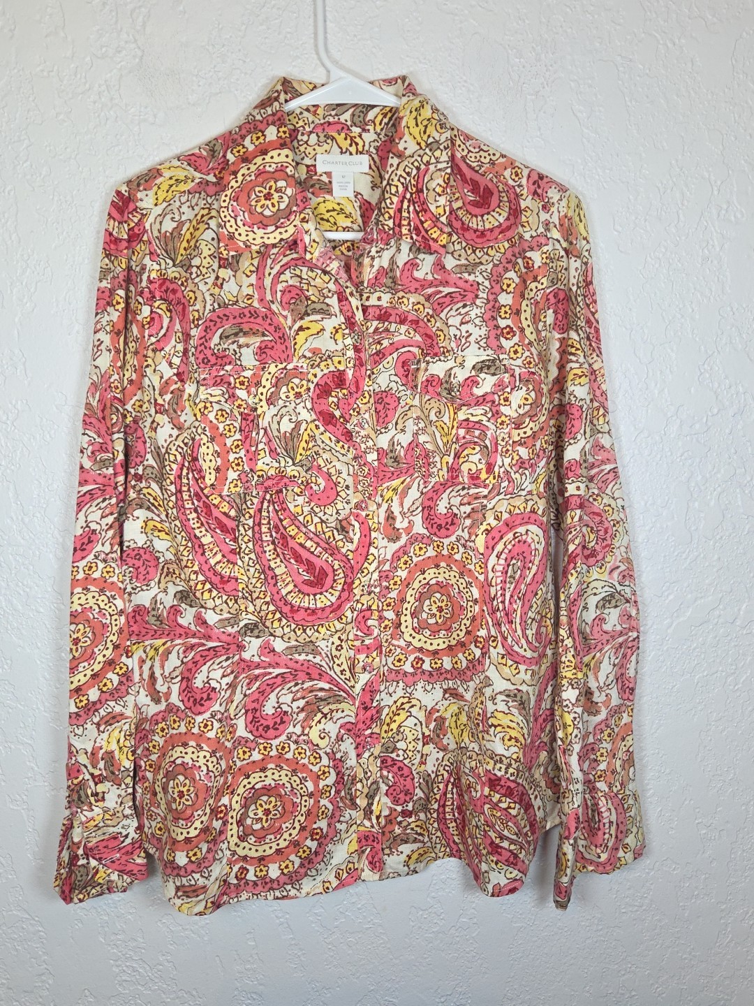Charter Club Pink Paisley Printed Button Down Pockets Linen Shirt Size 12