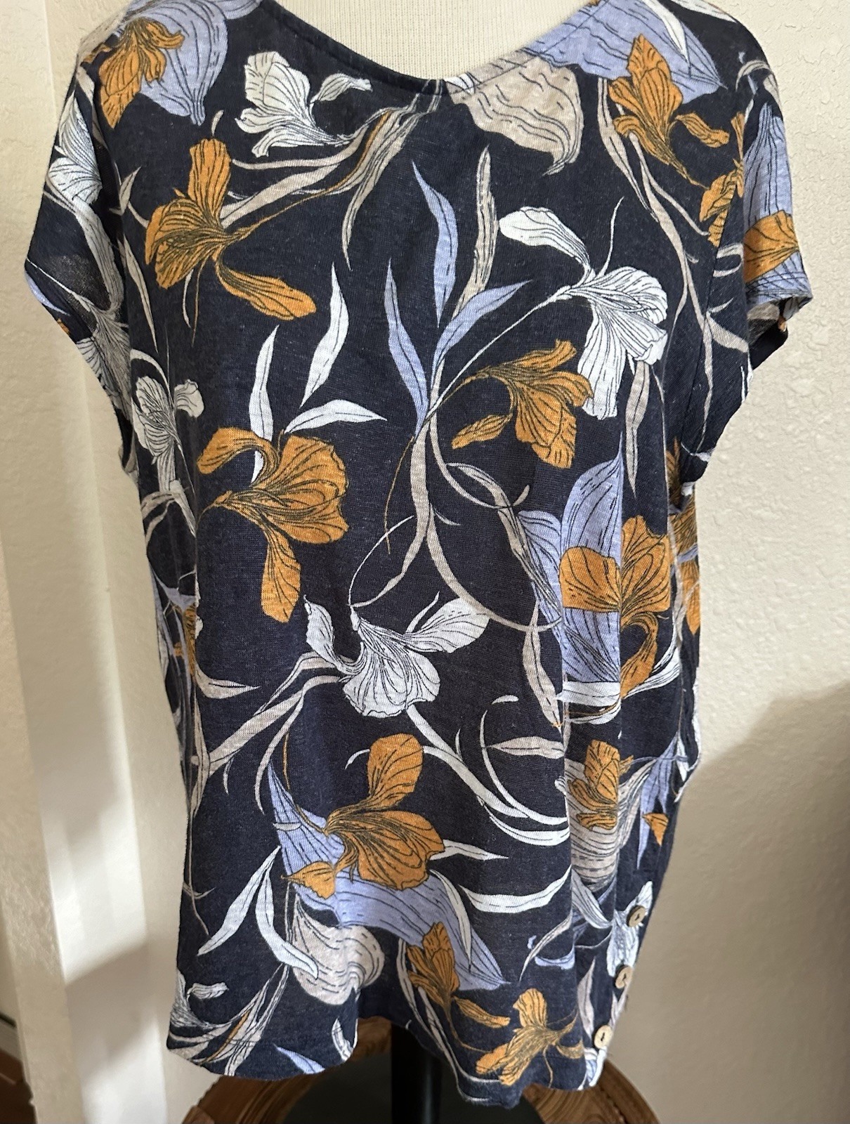 Cynthia Rowley Linen Blue Iris Pattern Loose Fit Top Size Lg