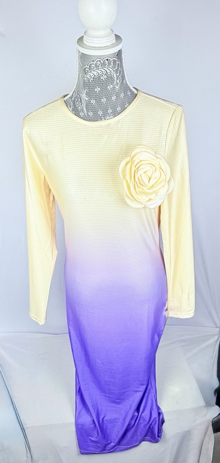 OYROSY Ombre Yellow-Purple Maxi Dress with 3D Flower – As Seen on Today Show