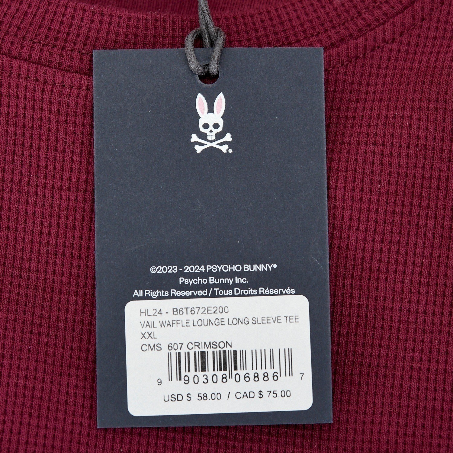 Psycho Bunny Mens 2XL Crimson Waffle Knit Long Sleeve Pocket Tee Shirt NEW