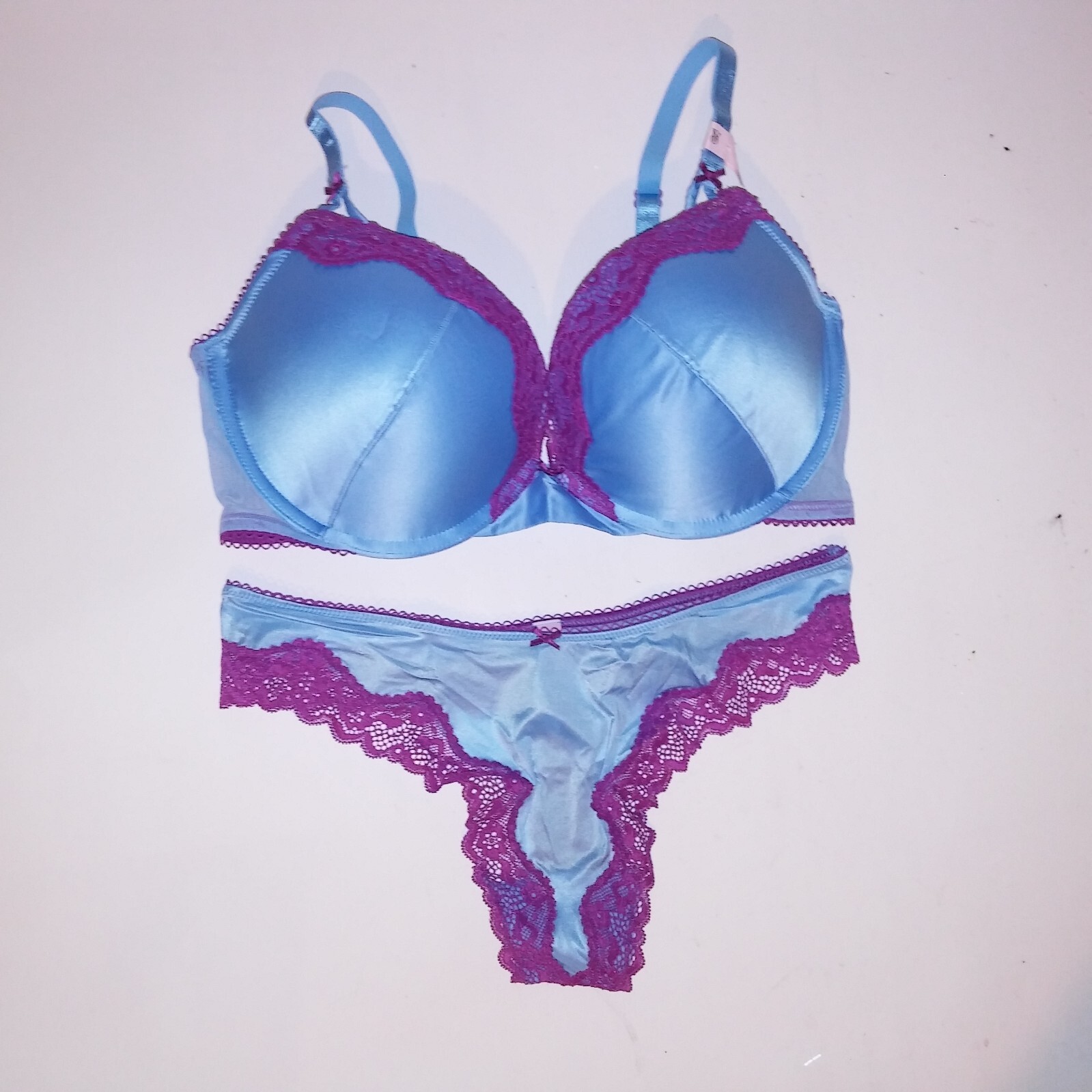 Victoria Secret Bra Set Push Up Thong Panty Blue Purple Tease Lace Trim Underwir