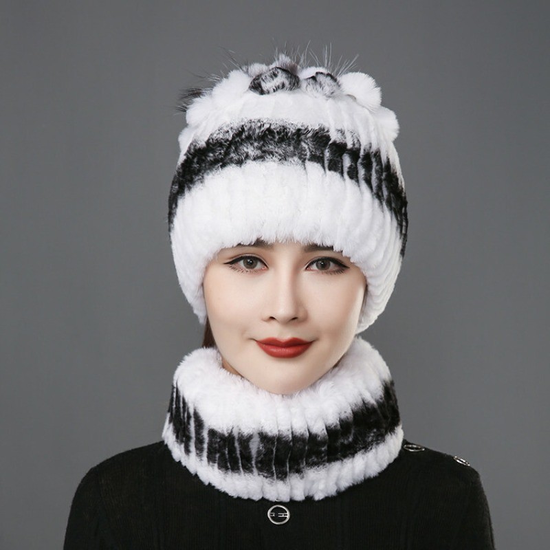 Winter Fur Hats Scarf Women Real Rex Rabbit Warm Beanie Cap With Fox Fur Fluffy