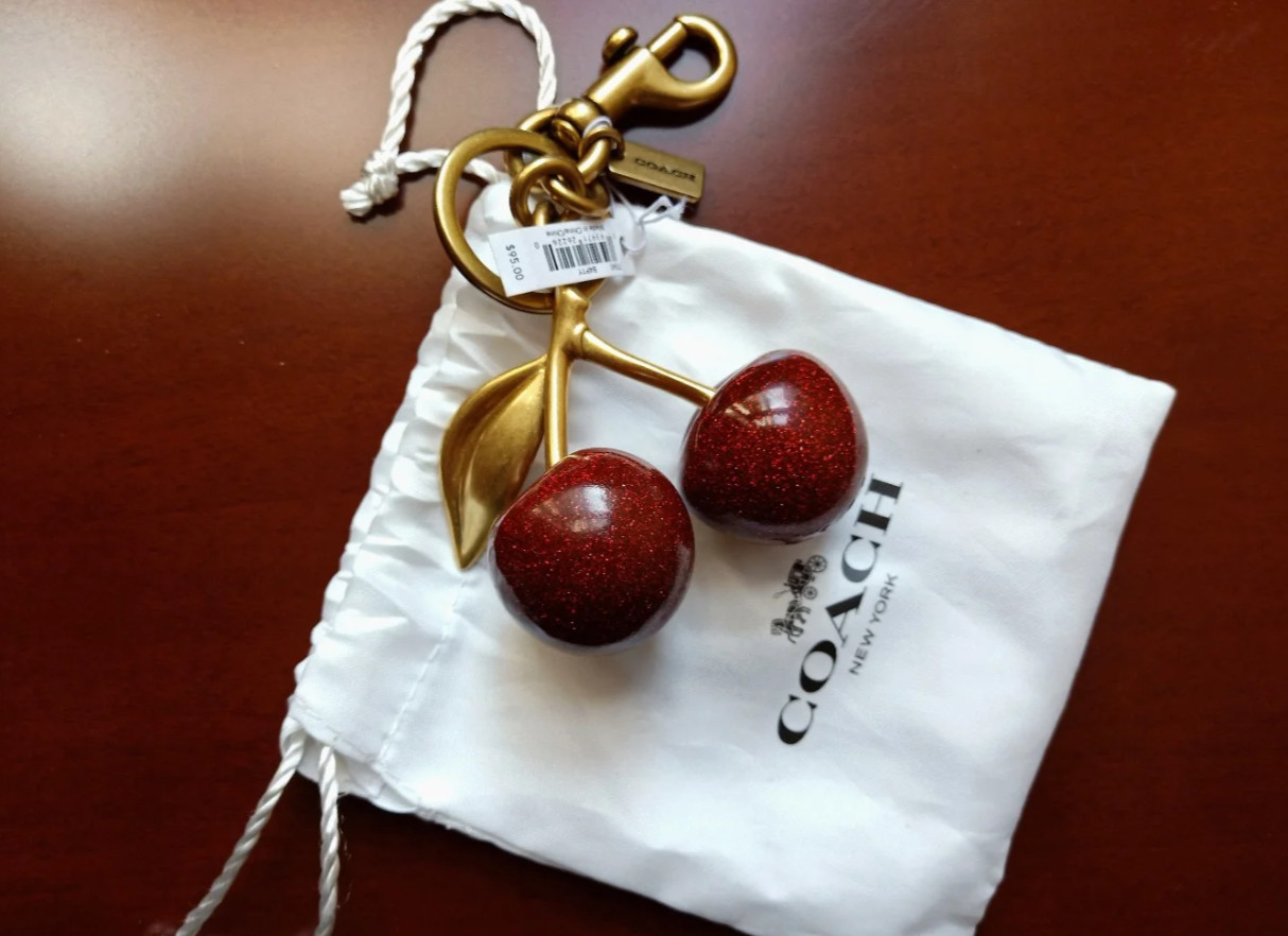 New Coach Red Cherry Apple Bag Charm Keychain Resin Metal Brass Purse Decoration