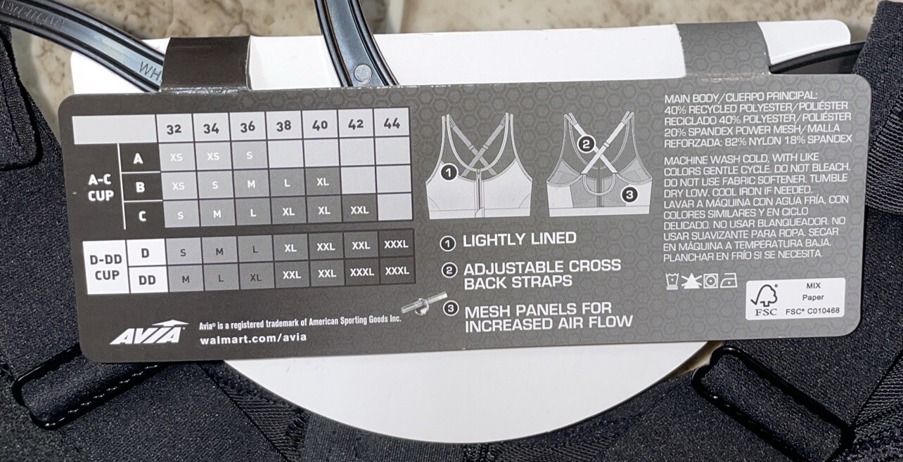 NWT Womens Avia Black & Grey Heather Zip Front Seamless Sports Bra Size Medium