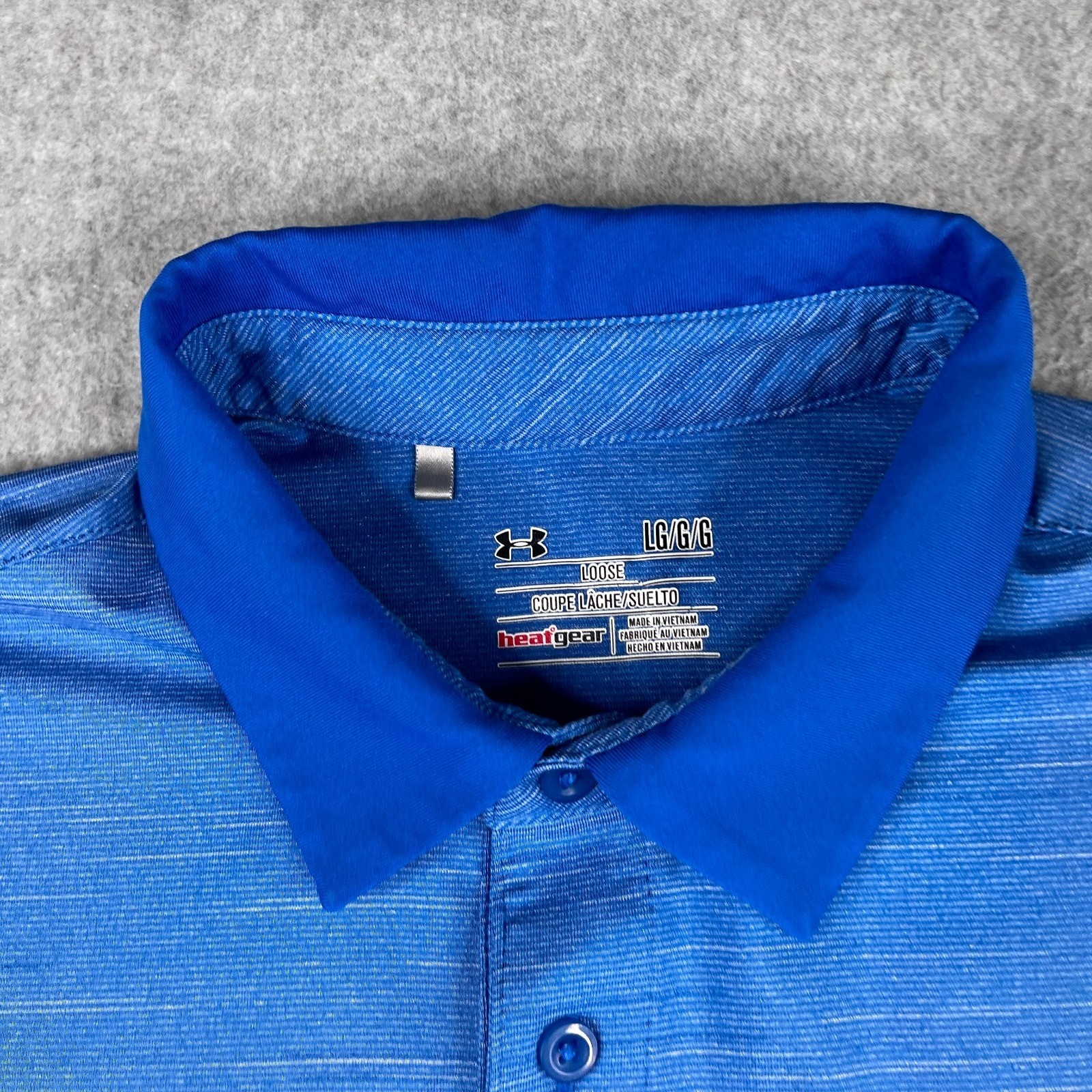 Under Armour Polo Shirt Large Royal Blue Heather Solid 2Tone Stretch Logo Mens