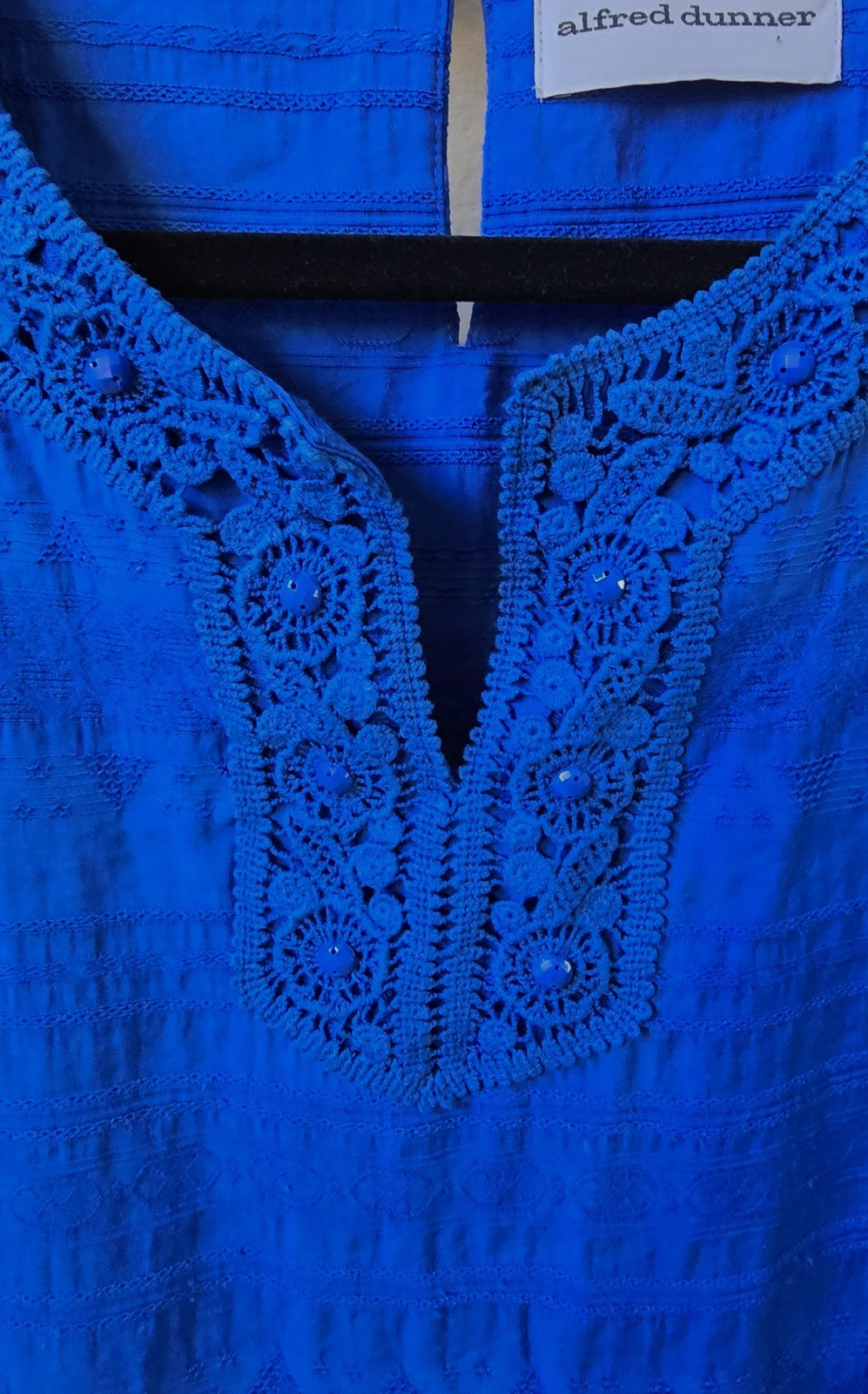 Alfred Dunner 14 Tunic Blouse Blue V Neck Beaded Embroidered 3/4 Sleeve