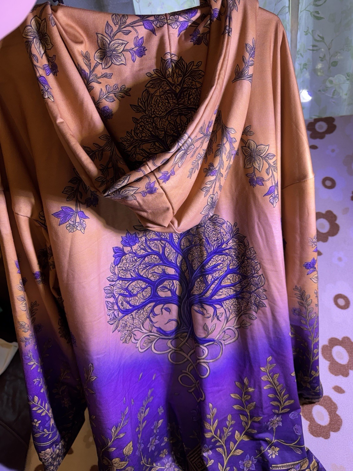Women’s L Satin Polyester Hooded Floral Kimono Robe Purple/Beige Long Sleeve