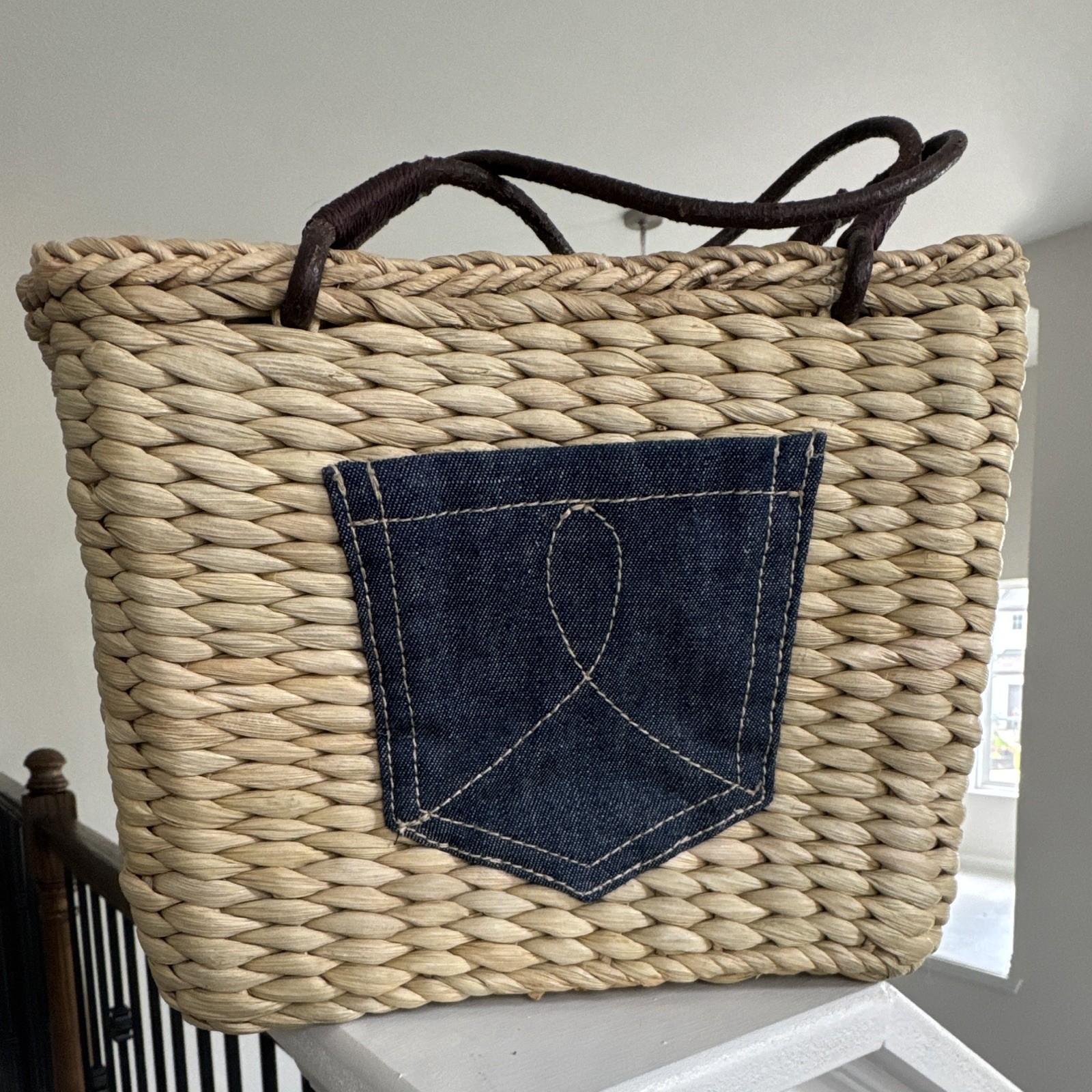 Woven Straw Tote Bag w/ Denim Pocket, Zip Closure, Inner Pockets, Women