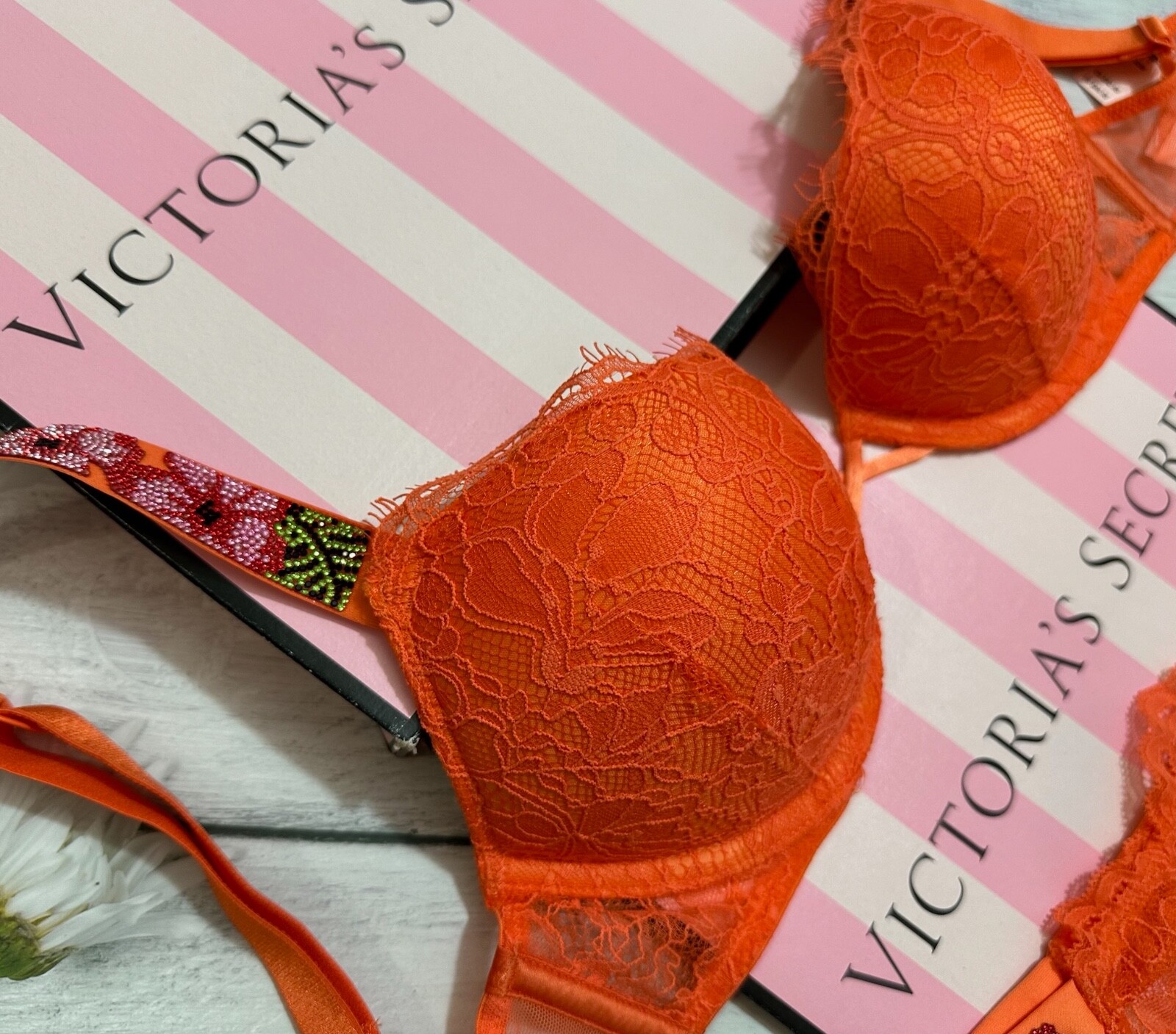 Victoria’s Secret Shine Strap Bra Thong Set Bombshell Push Up Orange Hibiscus