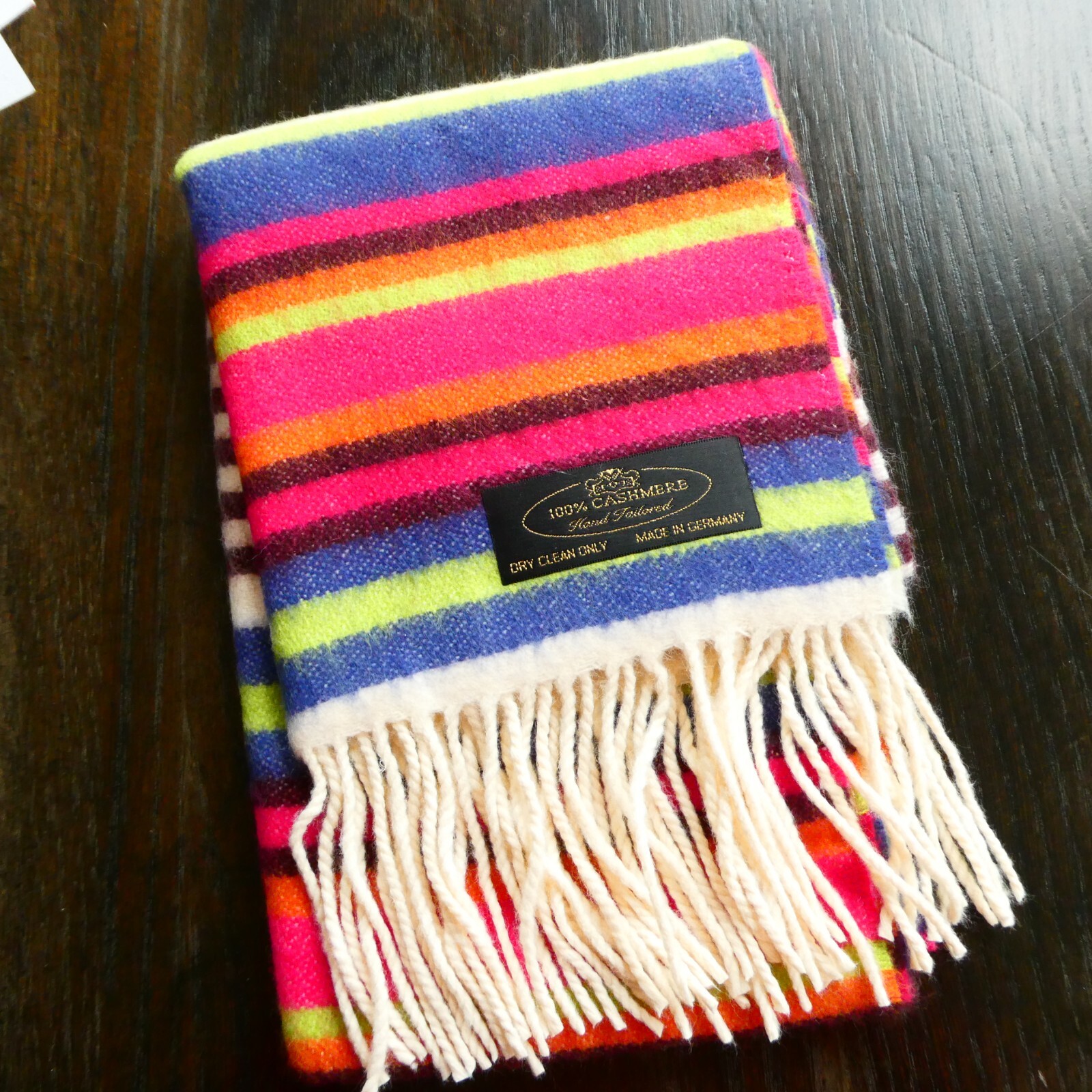 NEW 100% Pure Cashmere Bright Colors Striped Scarf 12×66 inch Fringe Germany