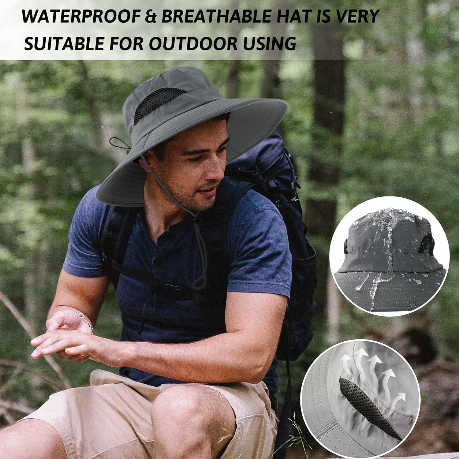 Men Wide Brim Sun Hat UV Protection Bucket Cap For Hiking Camping Fishing Safari
