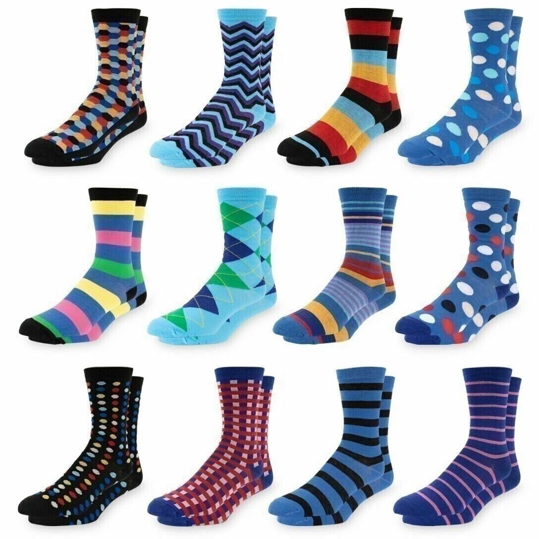 Men’s Dress Socks Size 10-13 Colorful Funky Patterned Crew Socks 12 Pairs