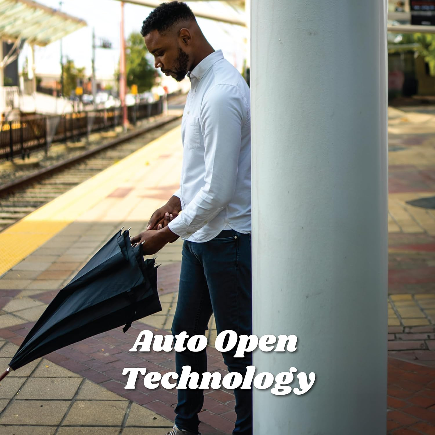 Eco-Friendly Auto Open Umbrella with Classic Wooden J Handle – Easy Grip