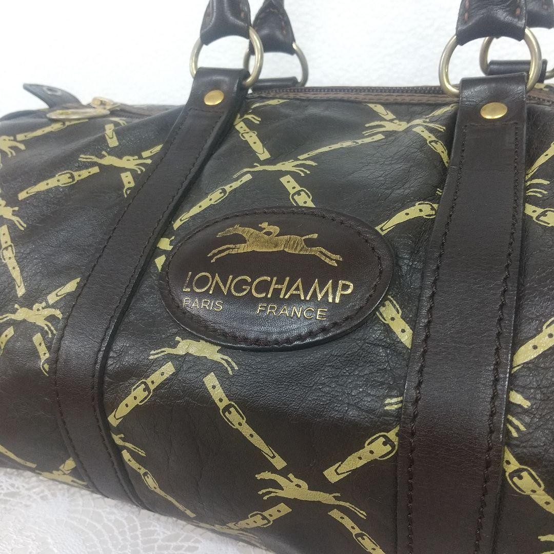 LONGCHAMP Brown Leather Equestrian Horse Belt Pattern Travel Bag Satchel