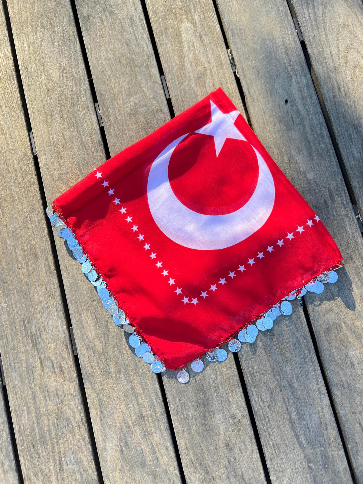 Handmade Red Turkish Flag Beaded Headscarf Yazma 100×100 cm Unique Boho Vintage