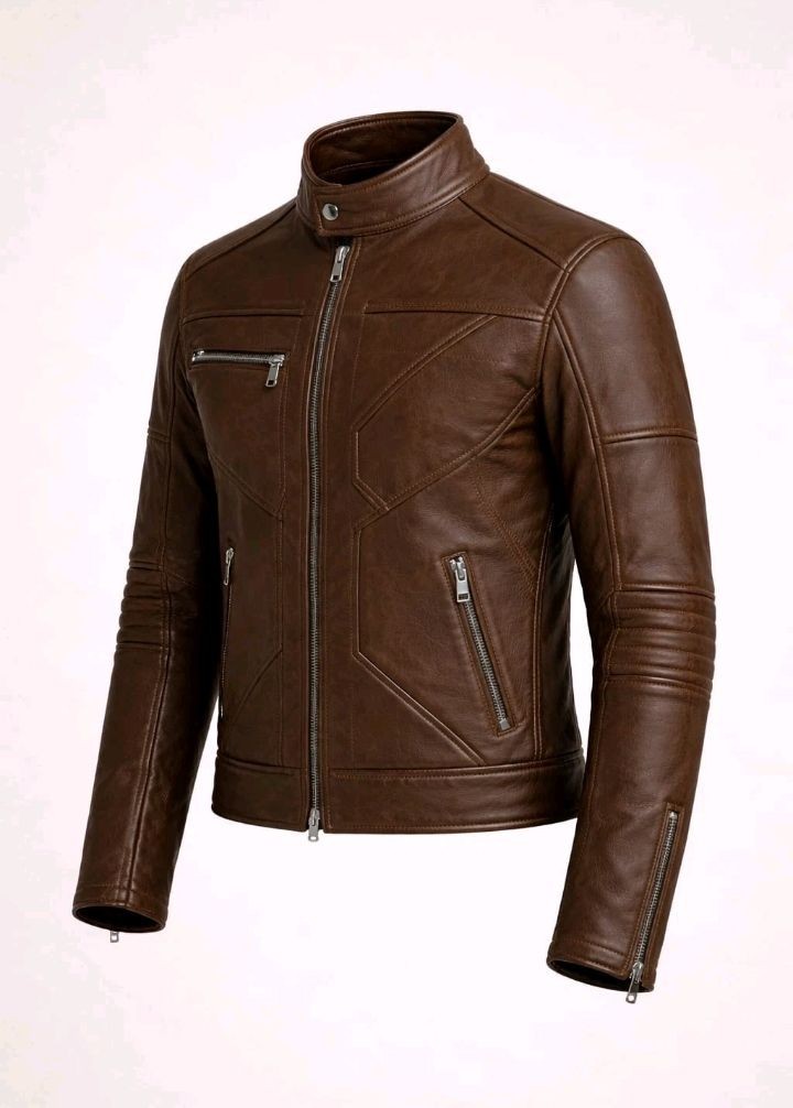 Men’s Brown Leather Jacket Slim Fit Cafe Racer Motorcycle Real Leather Coat