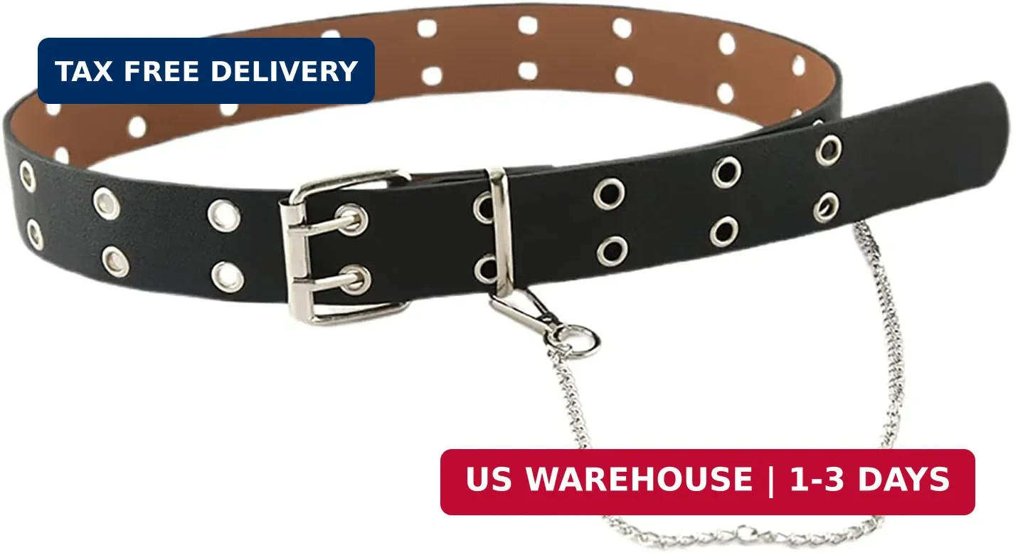 Women’s 100×3.8cm PU Leather Double-Grommet Belt with Chain – Punk Rock Style, A