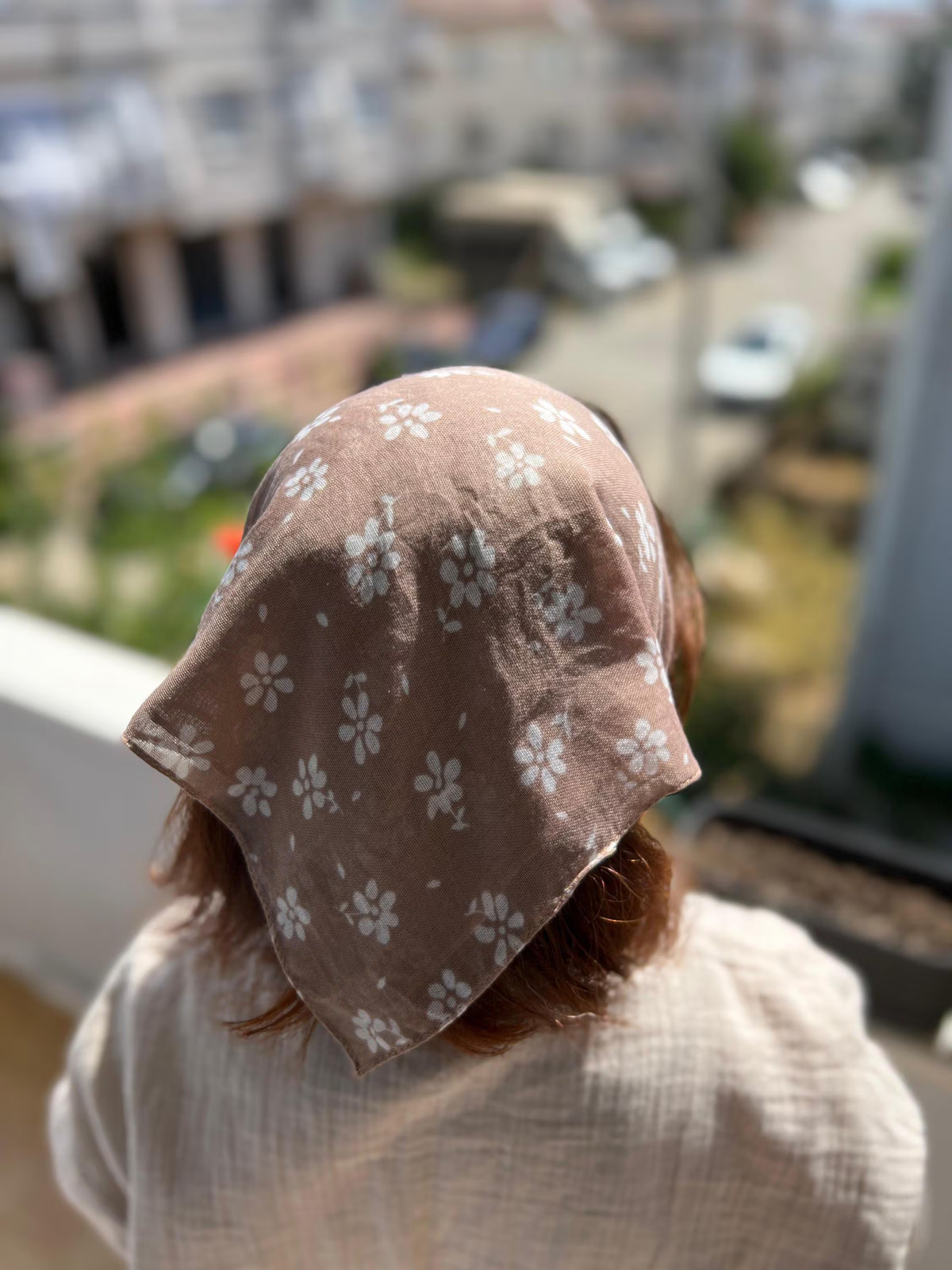 Taupe Floral Bandana Cream Flower Cotton Head Scarf Handmade Unique Boho