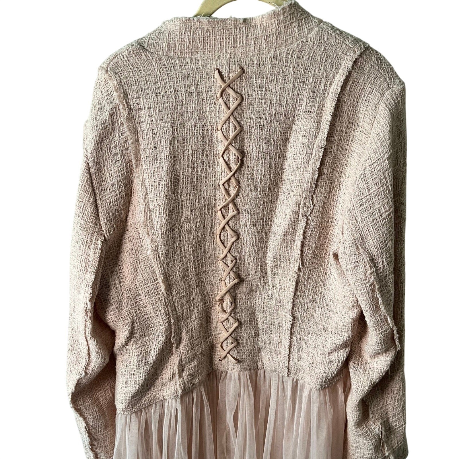 Willow & Clay Pink Tweed Tulle Peplum Jacket Lace Up Back Womens Large Old Money