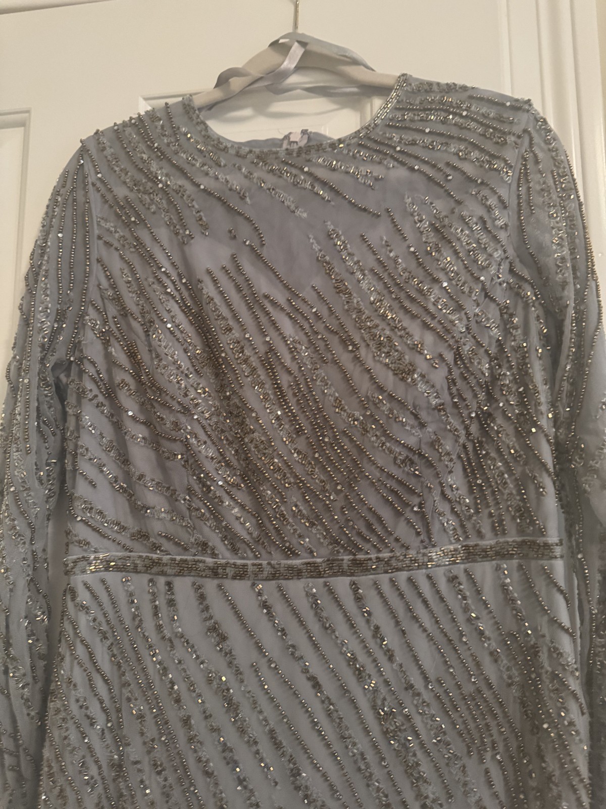 Mac Duggal Long Beaded Dress in Platinum with Gold Beads, size 10, $598