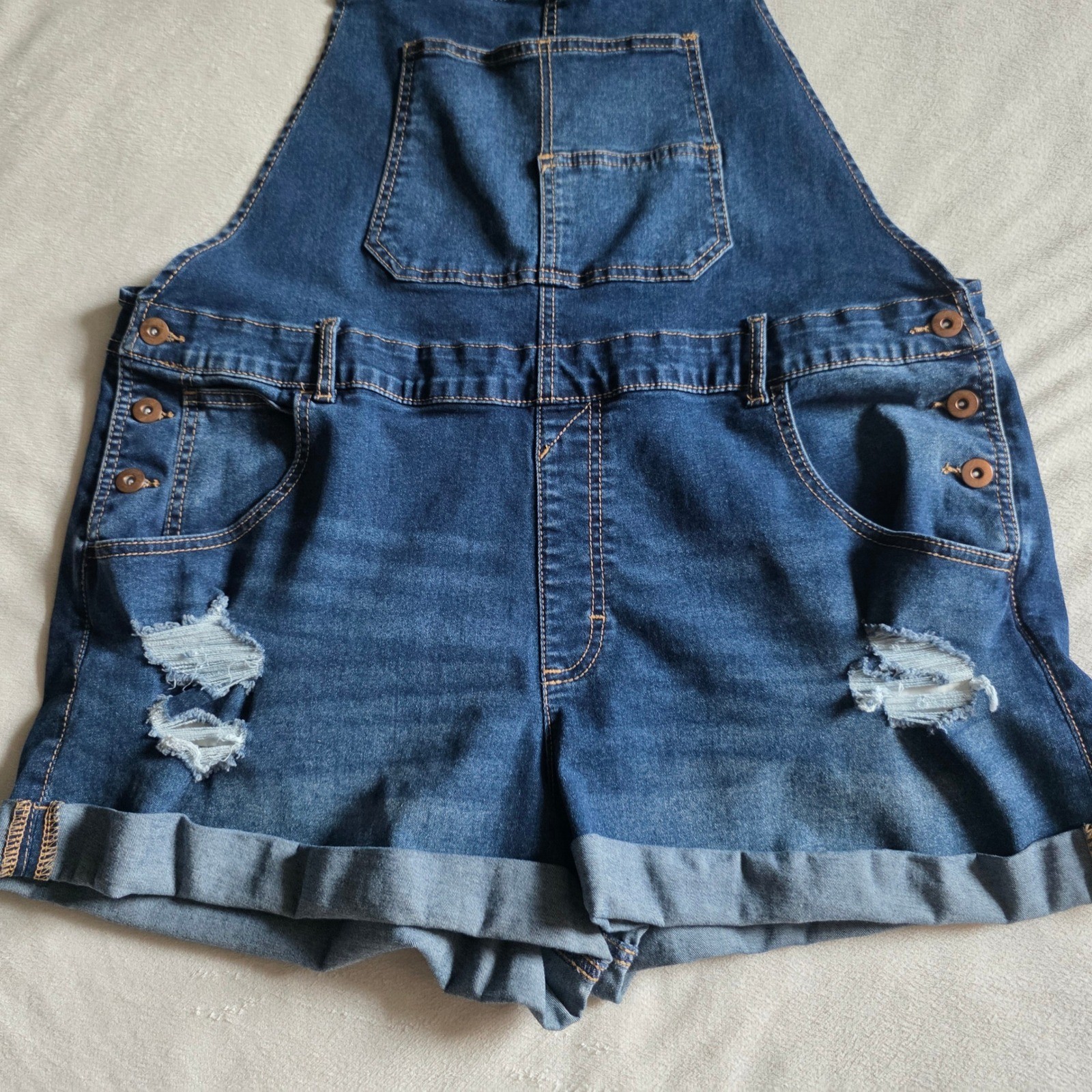 Womens Distressed Denim Shortalls Medium Wash Cuffed Jean Overalls