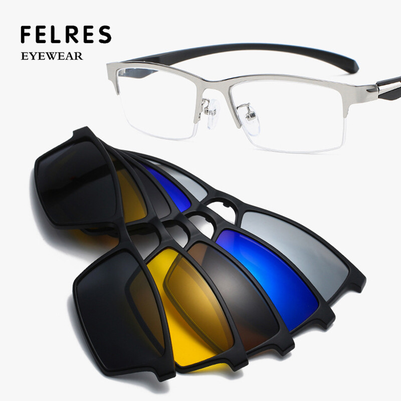 5pcs Clip-on Sunglasses Metal Eyeglass Frame Men Magnetic Polarized Glasses