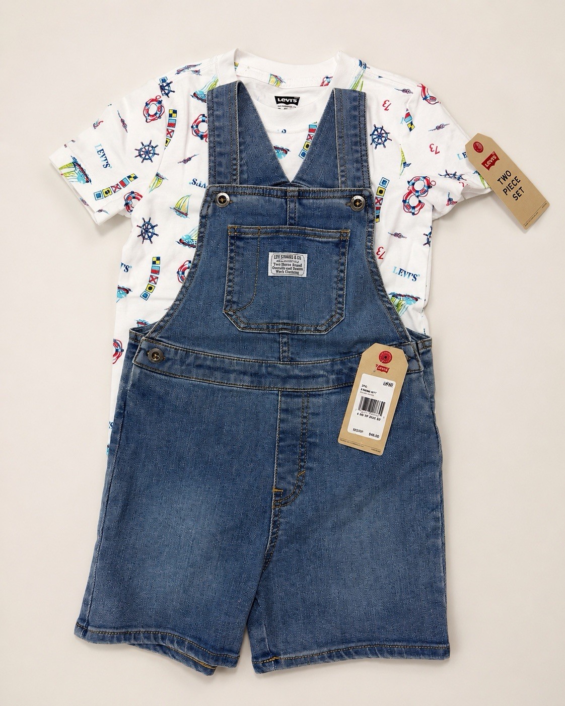 Levi’s Kids 2 Piece Shortall Set Size 4 XS Denim Overalls Nautical NWT