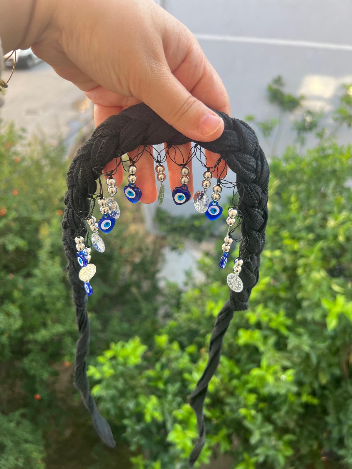 Crochet Edged Bandana Evil Eye Beads Silver Coins Cotton Handmade Unique