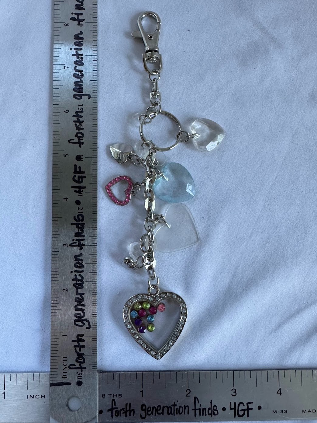Silver Tone Multi Heart Charm Keychain Bag Access Shaker Rhinestone Lanyard 8″