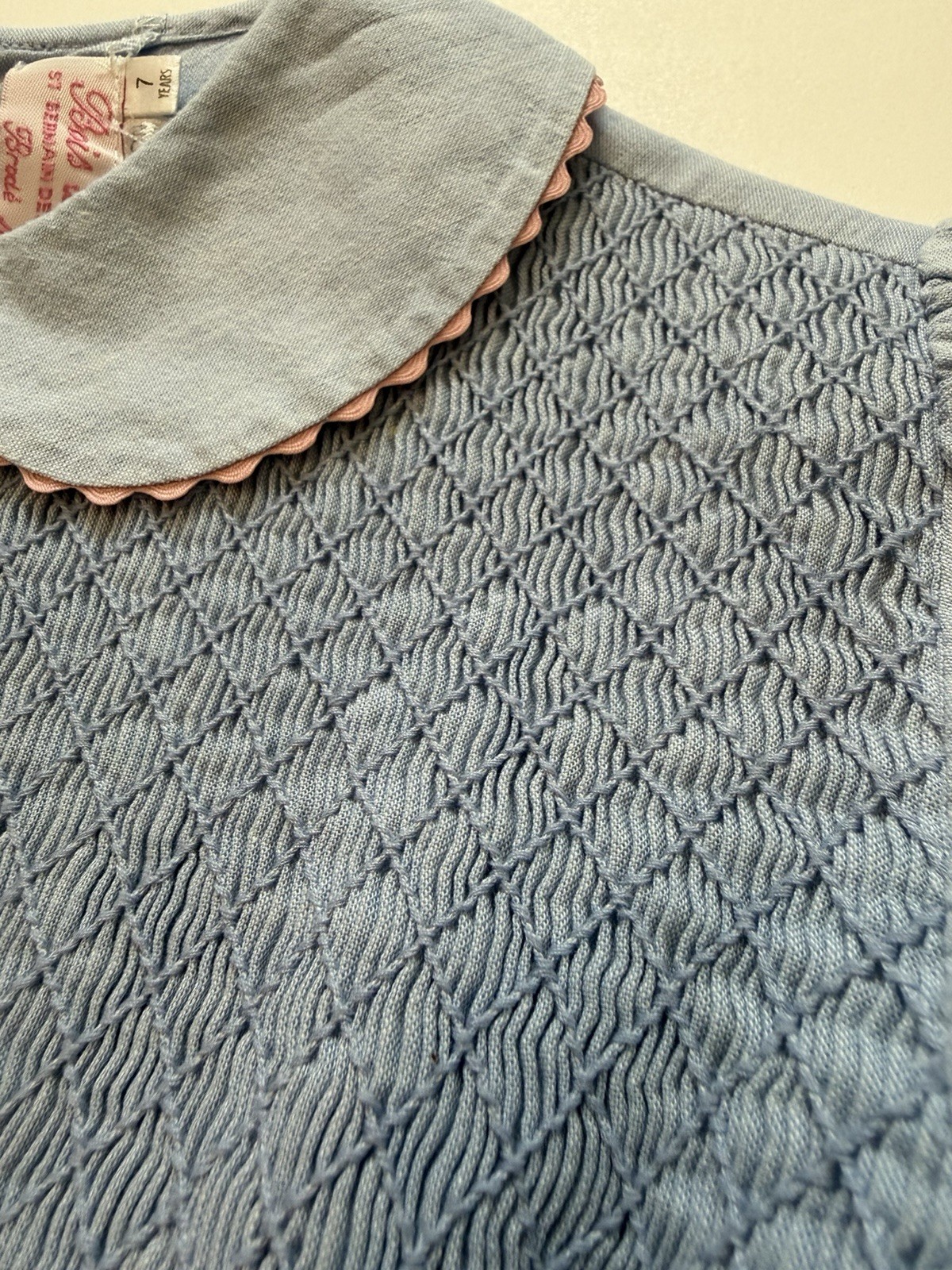 Vintage Bois de Rose Smocked Blue Dress Peter Pan Collar Size 7 Girls