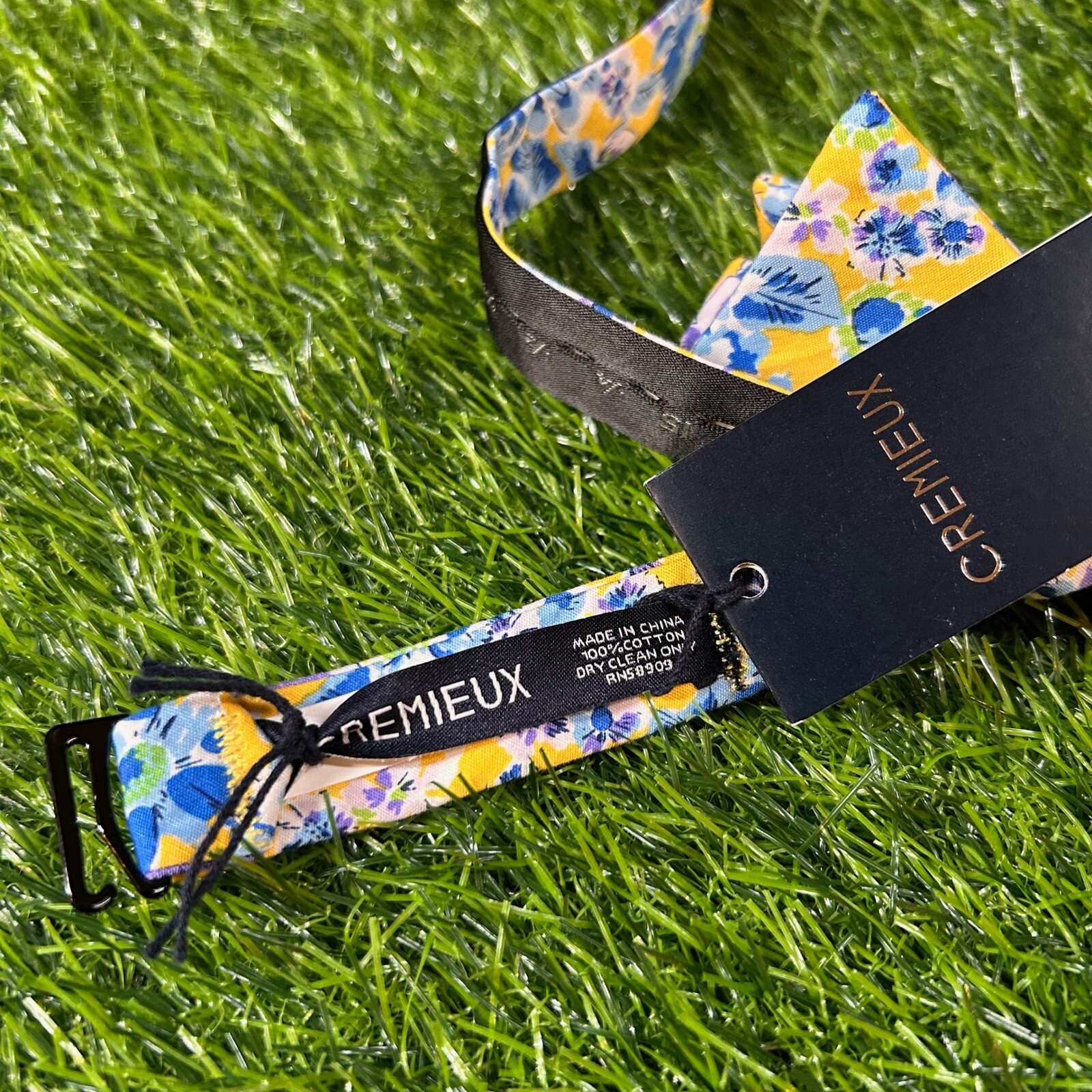 Cremieux Floral Bow Tie Yellow Blue Flower Print Self Tie Adjustable Mens NWT