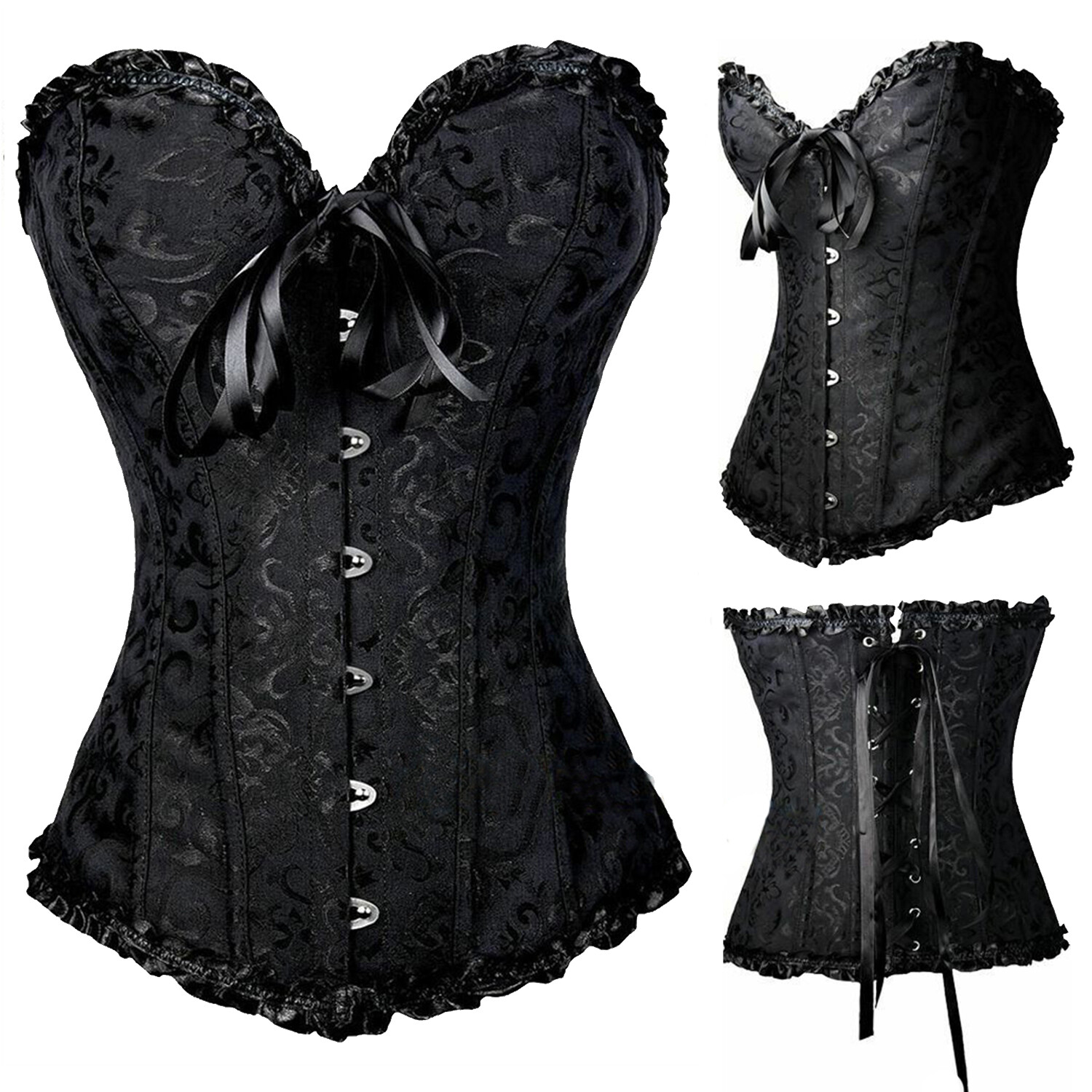 Women Lace-Up Overbust Boned Satin Corset Bustier Burlesque Lingerie Basque Tops