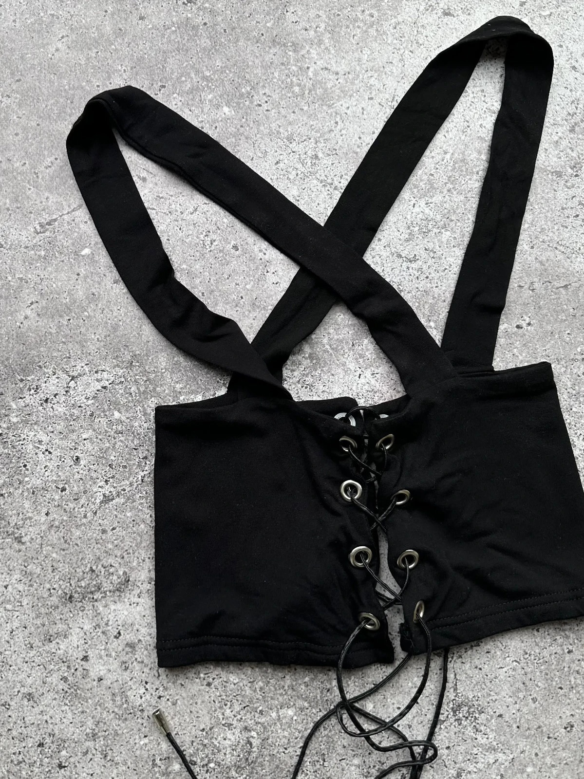 Y2K Black Lace Up Bustier Crop Top Women’s Strappy Stretch Clubwear Vintage